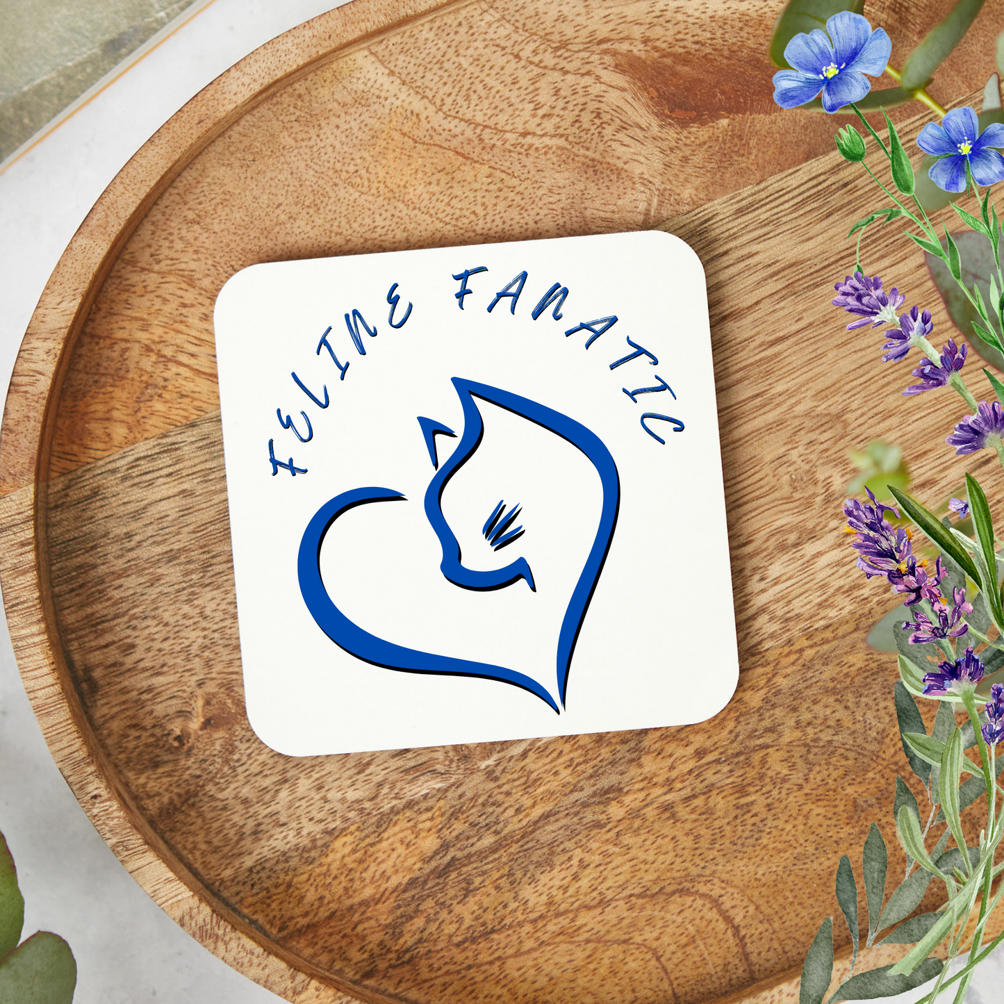 Cat-Lady Coasters, Blue "Feline Fanatic" Sublimation Design, Pet Themed Kitchen Decor Cat Lover Mom Gift