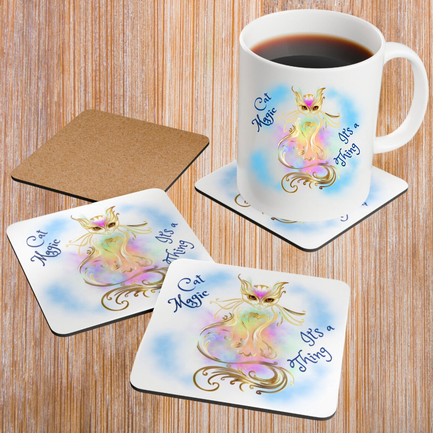 Cat-Lady Coasters, Unique "Cat Magic, It's A Thing" Sublimation Design, Cat Lover Mom Gift, Kitchen and Home Decor, Set of 4