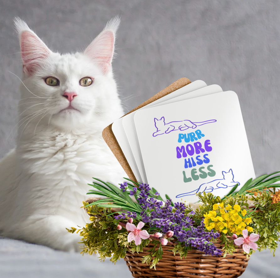 Cat-Lady Coasters, "Purr More Hiss Less" Sublimation Design, Perfect Cat Lover Gift For Mom