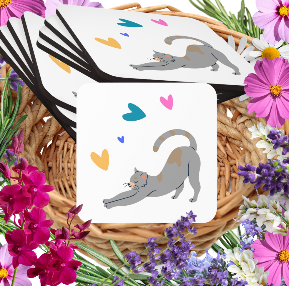Cat-Lady Coasters, Simple "Cat & Hearts" Sublimation Design, Animal Lover Gift For Cat Mom