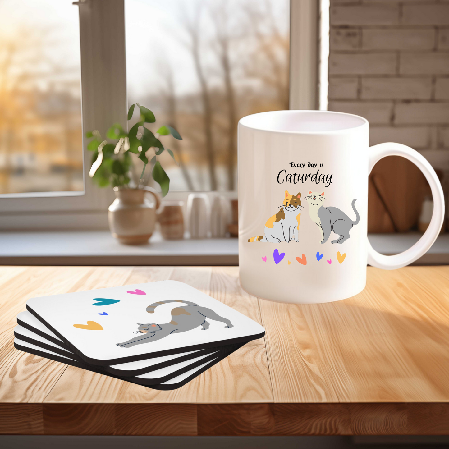 Cat-Lady Coasters, Simple "Cat & Hearts" Sublimation Design, Animal Lover Gift For Cat Mom