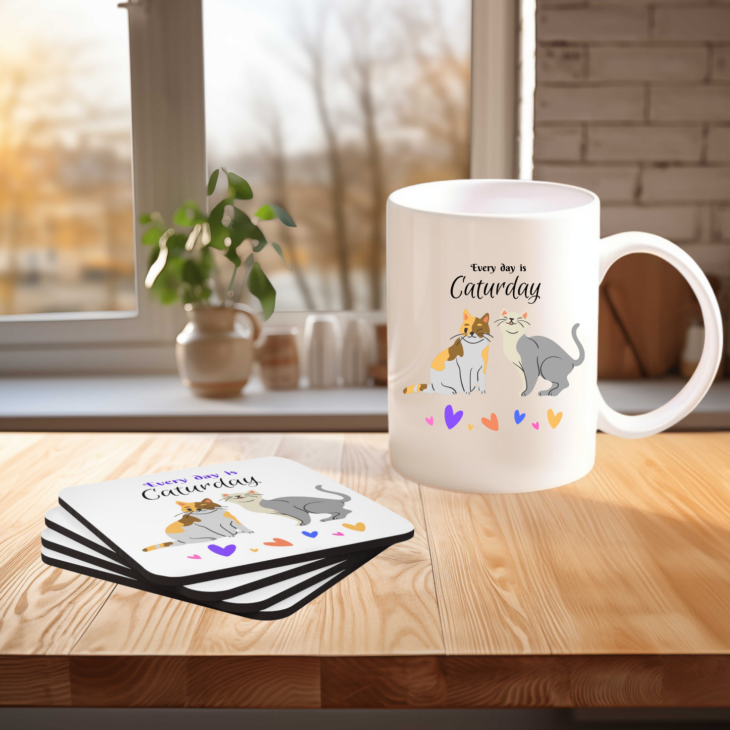 Cat-Lady Coasters, "Every day is Caturday" Sublimation Design, Gift For Cat Lover Mom