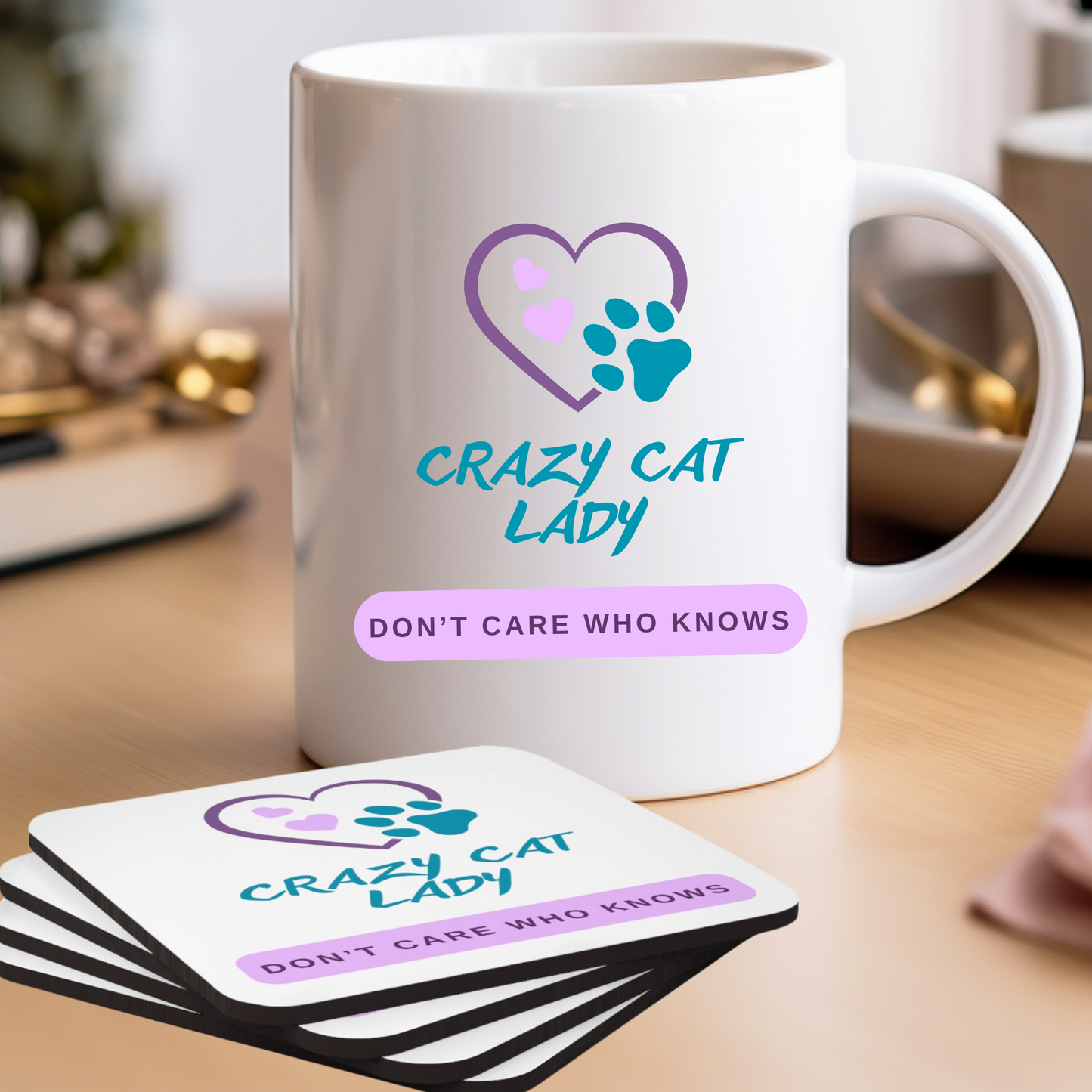 Cat-Lady Coasters, "Crazy Cat Lady" Sublimation Design, Pet Lover Gift For Her, Cork, Set of Four