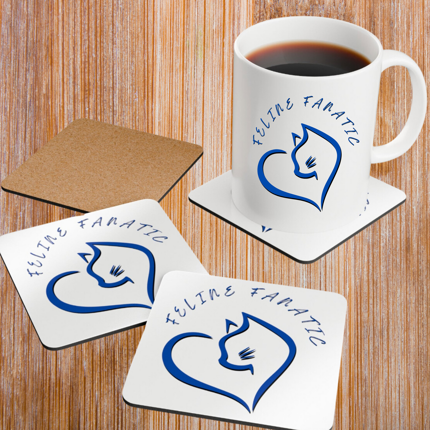 Cat-Lady Coasters, Blue "Feline Fanatic" Sublimation Design, Pet Themed Kitchen Decor Cat Lover Mom Gift