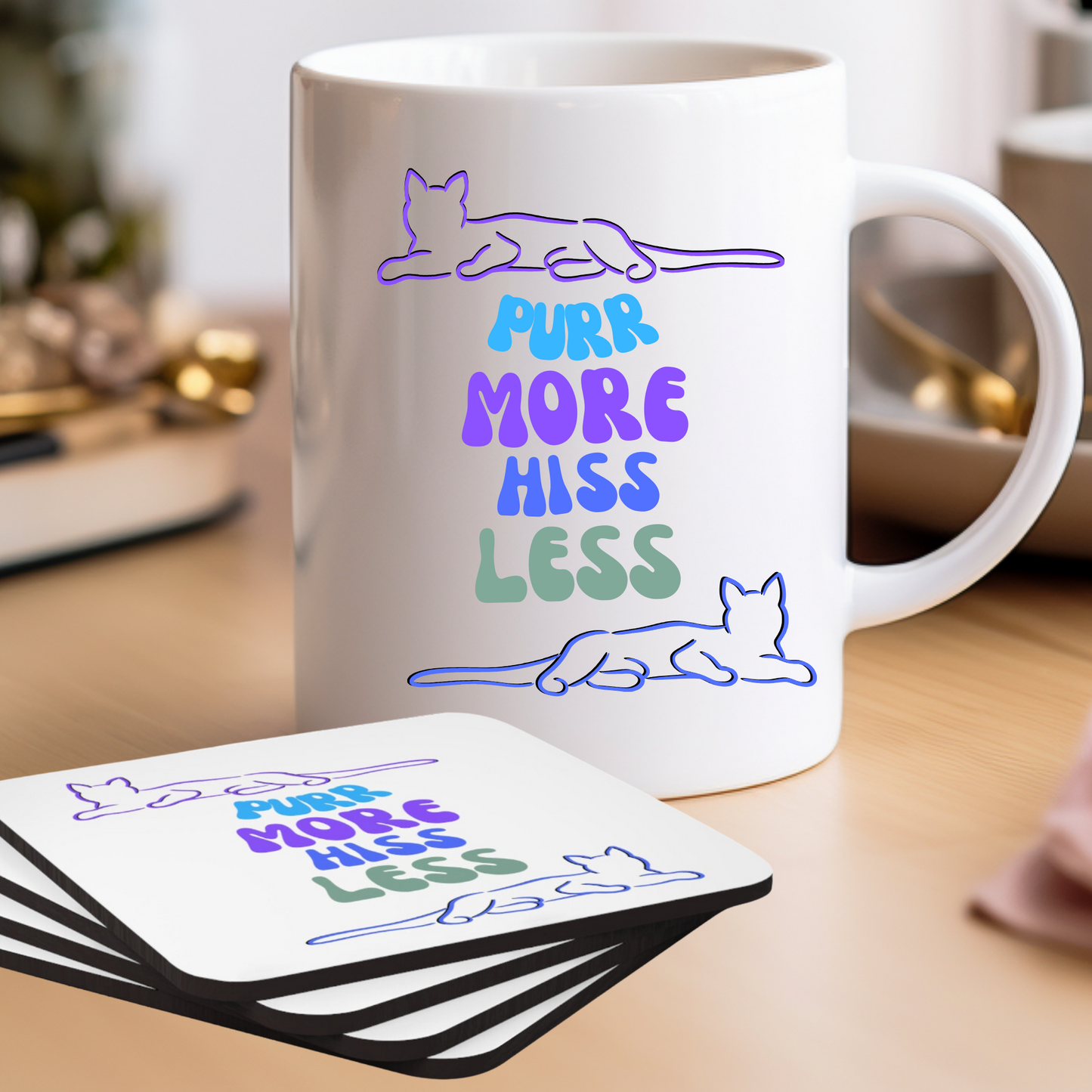 Cat-Lady Coasters, "Purr More Hiss Less" Sublimation Design, Perfect Cat Lover Gift For Mom