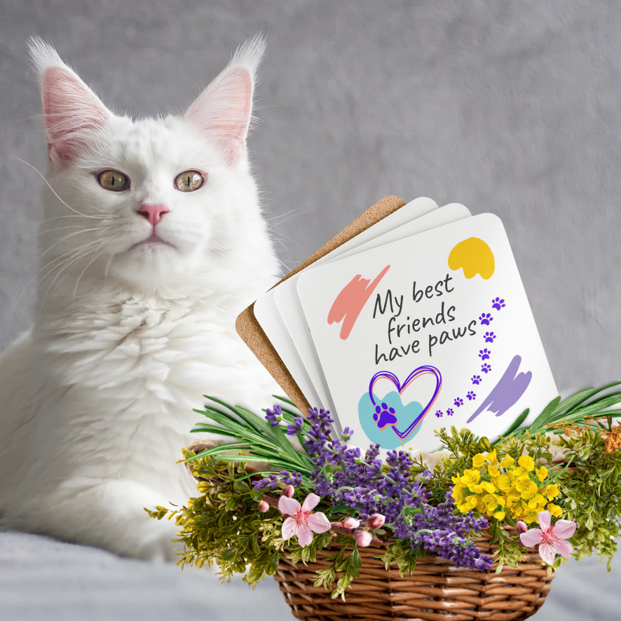 Cat-Lady Coasters, "My best friends have paws" Sublimation Design, Animal Lover Gift for Mom