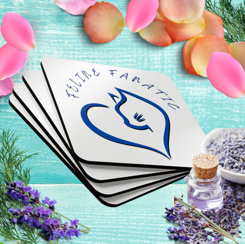 Cat-Lady Coasters, Blue "Feline Fanatic" Sublimation Design, Pet Themed Kitchen Decor Cat Lover Mom Gift