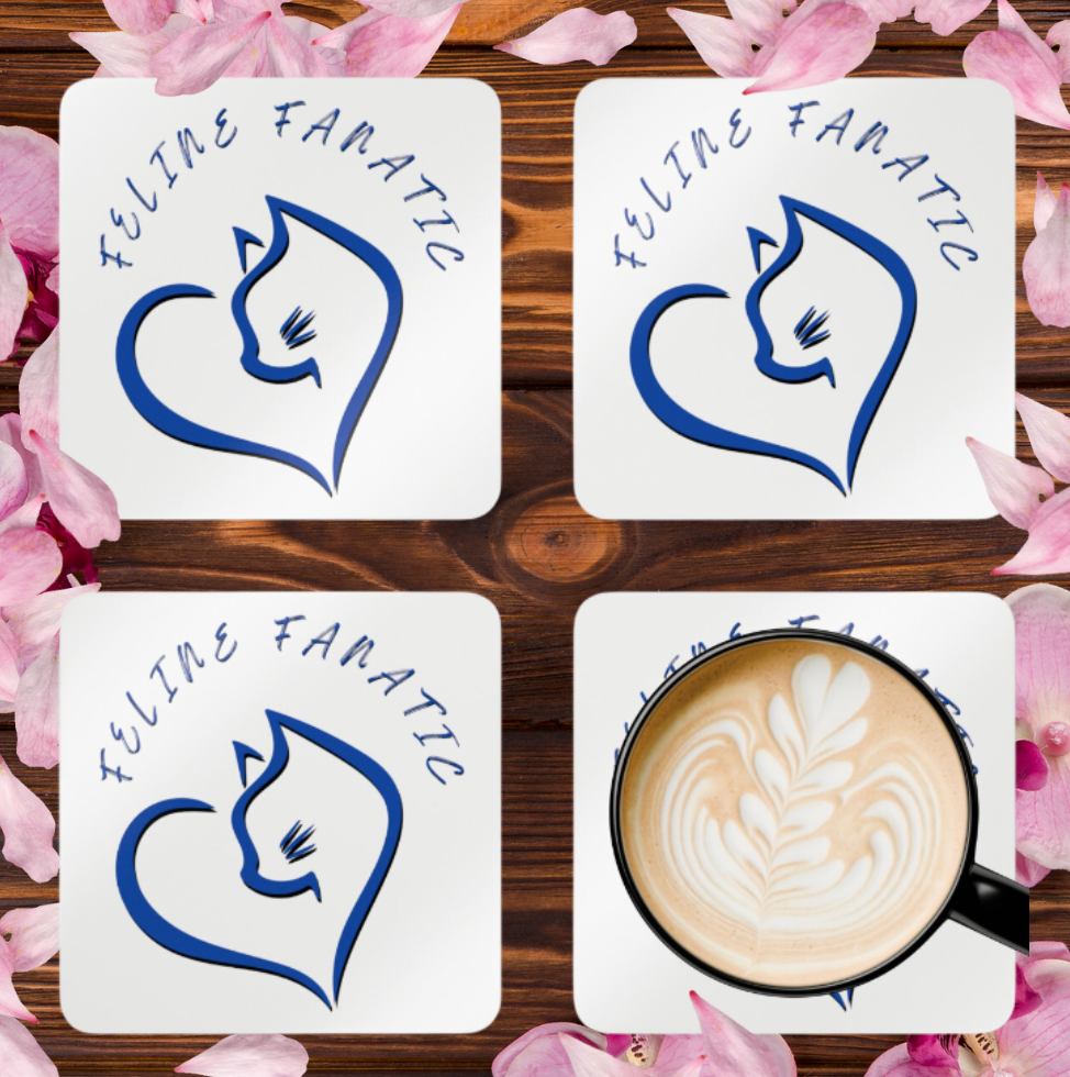 Cat-Lady Coasters, Blue "Feline Fanatic" Sublimation Design, Pet Themed Kitchen Decor Cat Lover Mom Gift