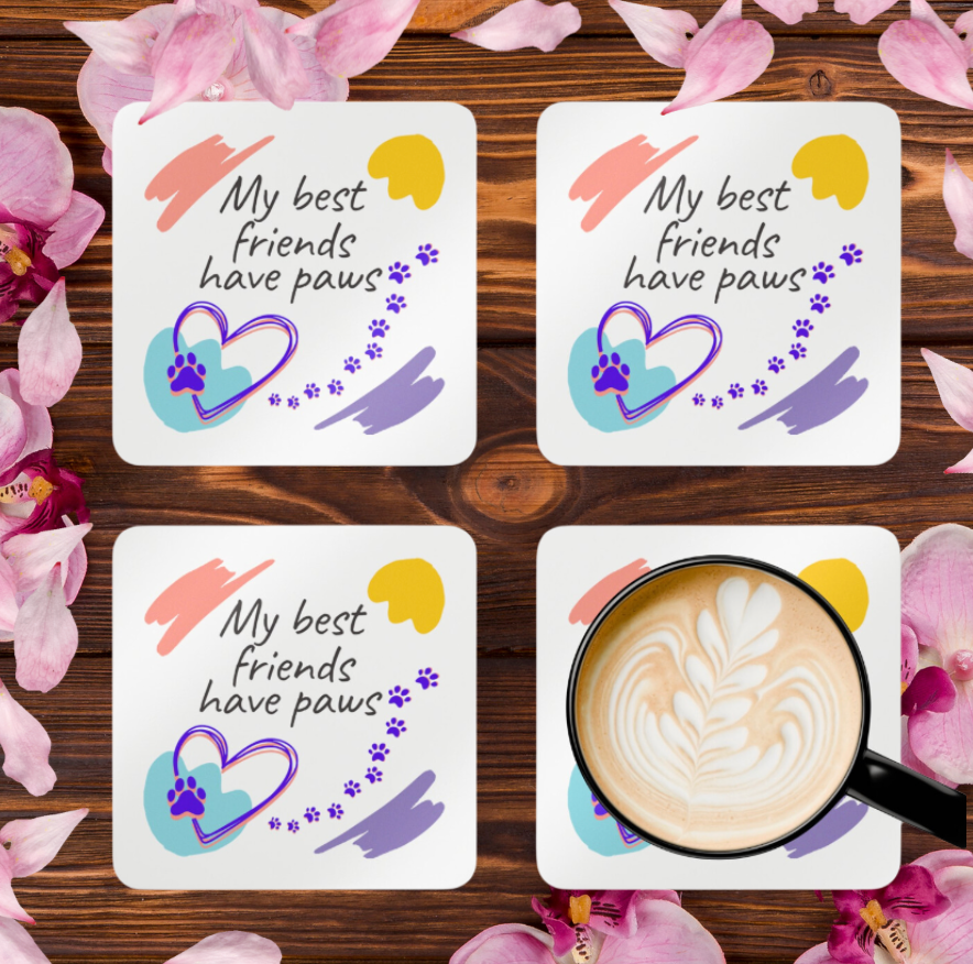 Cat-Lady Coasters, "My best friends have paws" Sublimation Design, Animal Lover Gift for Mom