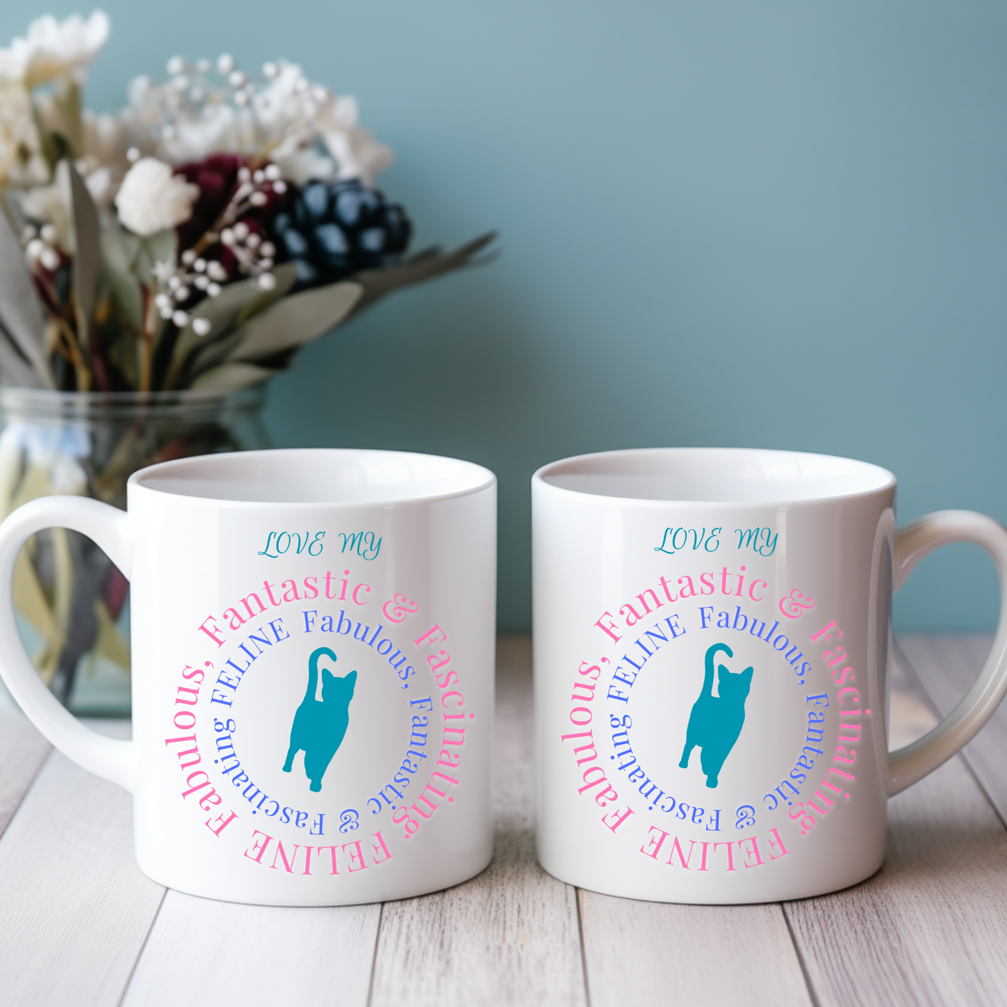 Fun Cat Lover Coffee Mug With "Fabulous-Fantastic-Fabulous-FELINE" Design, Great Cat Mom Gift, Ceramic, 11oz