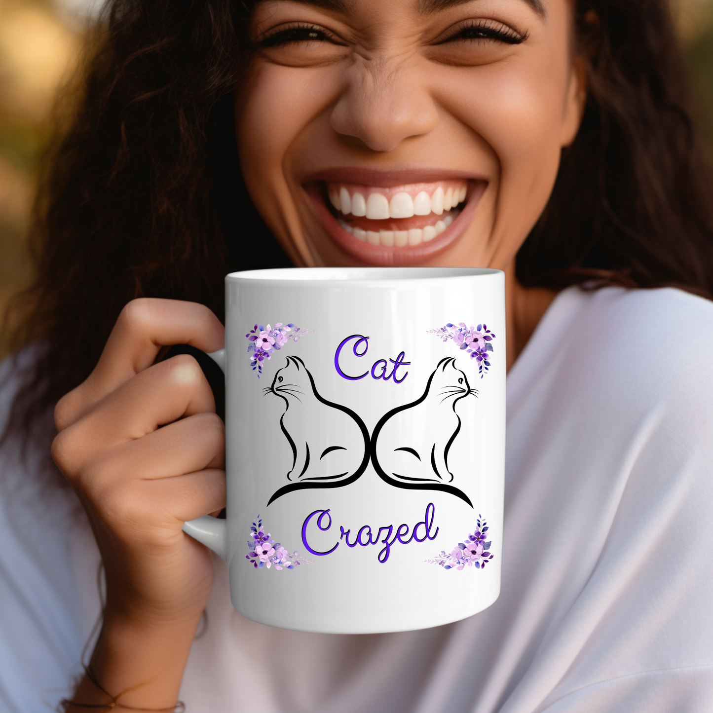 Feminine and Fun "Cat Crazed" Cat Mom Coffee Mug, Whimsical Sublimation Design, Great Pet Lover Gift For Her, Ceramic, 11oz