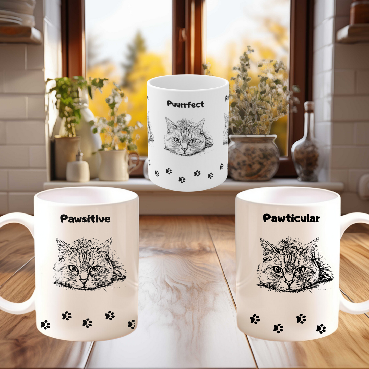 Cat Lover Mug With Three-Sided "Puurrfect-Pawsitive-Pawticular" Design, Great Cat Mom Gift, Ceramic, 11oz