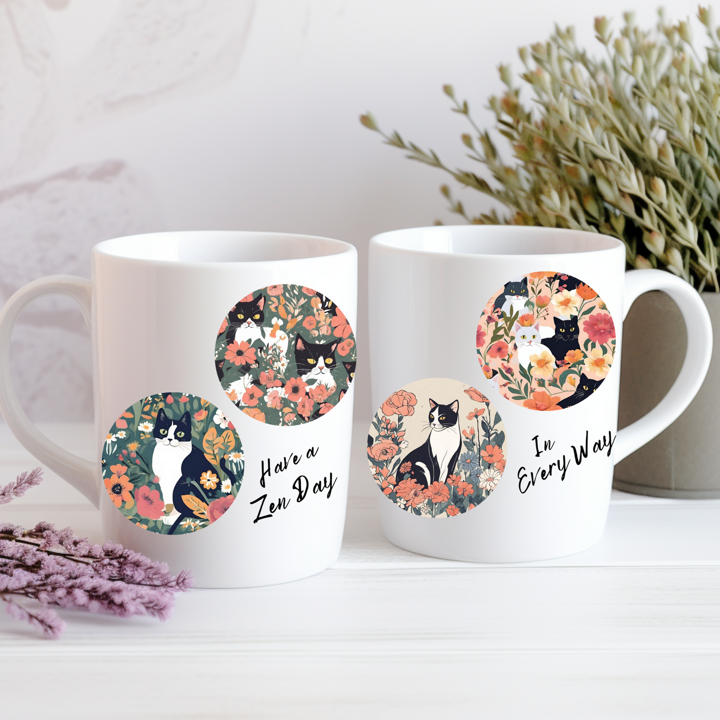 Cute and Calming Cat Lover Mug With "Have a Zen Day" Floral Design, Great Cat Mom Pet Lover Gift, Ceramic, 11oz