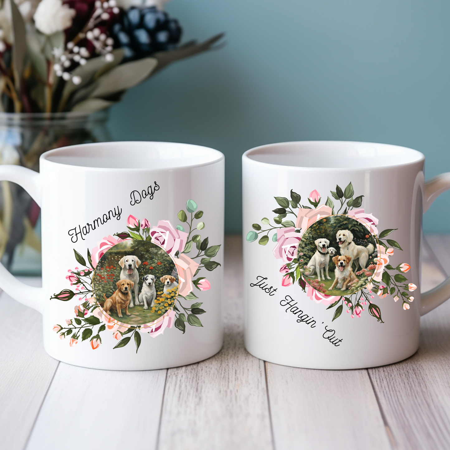 Dog Mom Mug With Whimsical "Harmony Dogs, Just Hanging Out" Floral Motif, Great Pet Lover Gift, Ceramic, 11oz