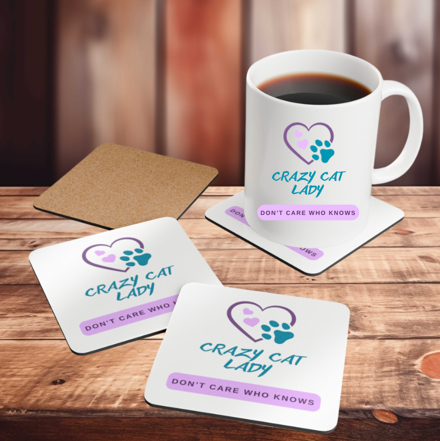 Cat-Lady Coasters, "Crazy Cat Lady" Sublimation Design, Pet Lover Gift For Her, Cork, Set of Four