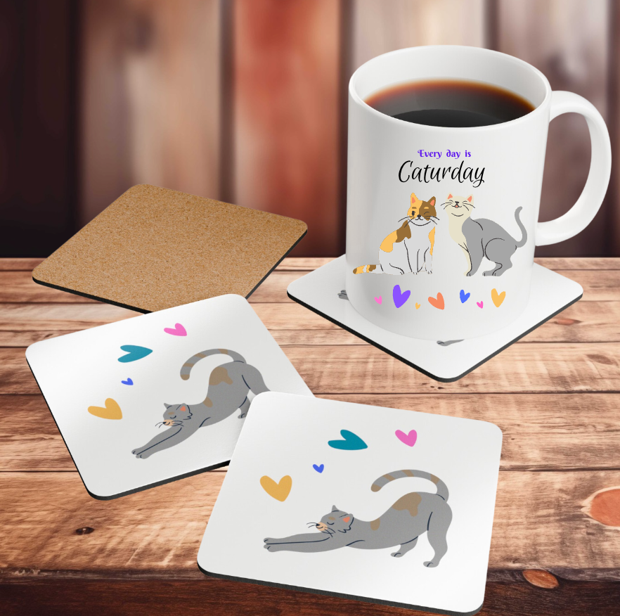 Cat-Lady Coasters, Simple "Cat & Hearts" Sublimation Design, Animal Lover Gift For Cat Mom