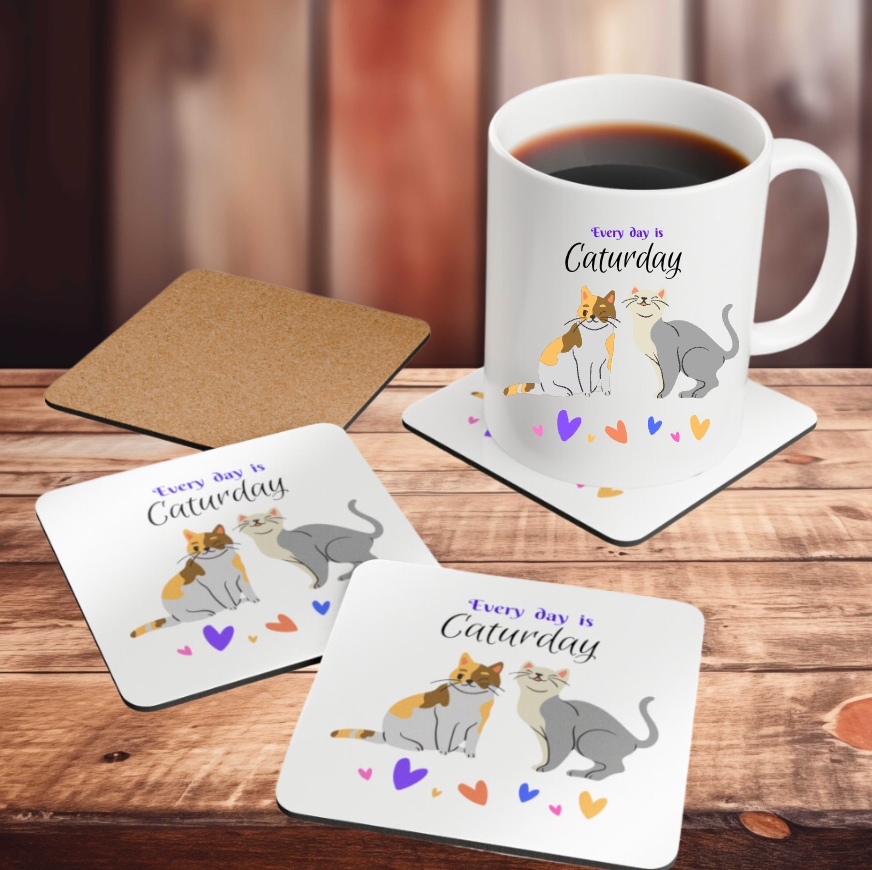 Cat-Lady Coasters, "Every day is Caturday" Sublimation Design, Gift For Cat Lover Mom