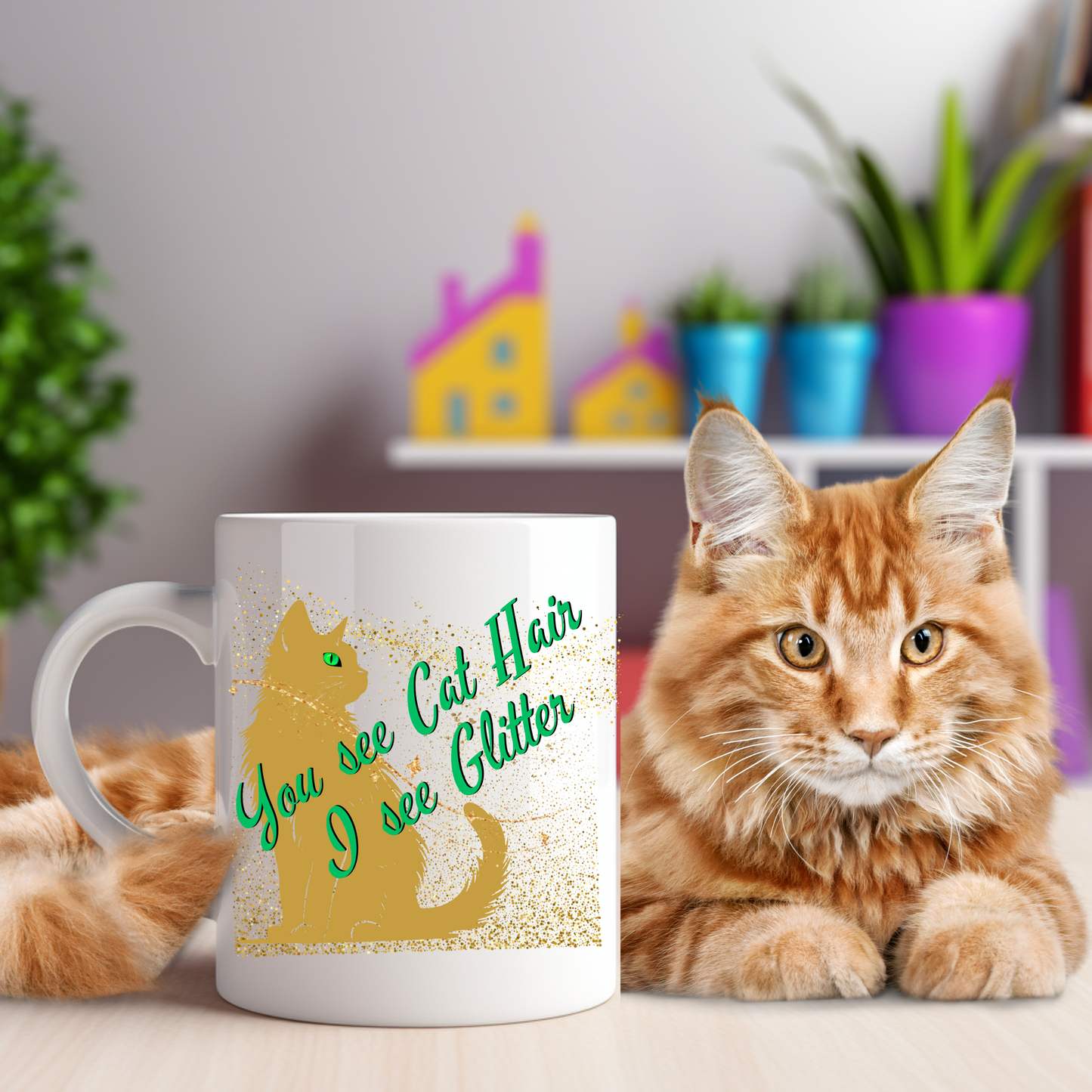 Golden Sparkles CatLover Mug with Fun "You See Cat Hair I See Glitter" Slogan, Great Cat Lover Cat Lady Gift, White Ceramic, 15oz
