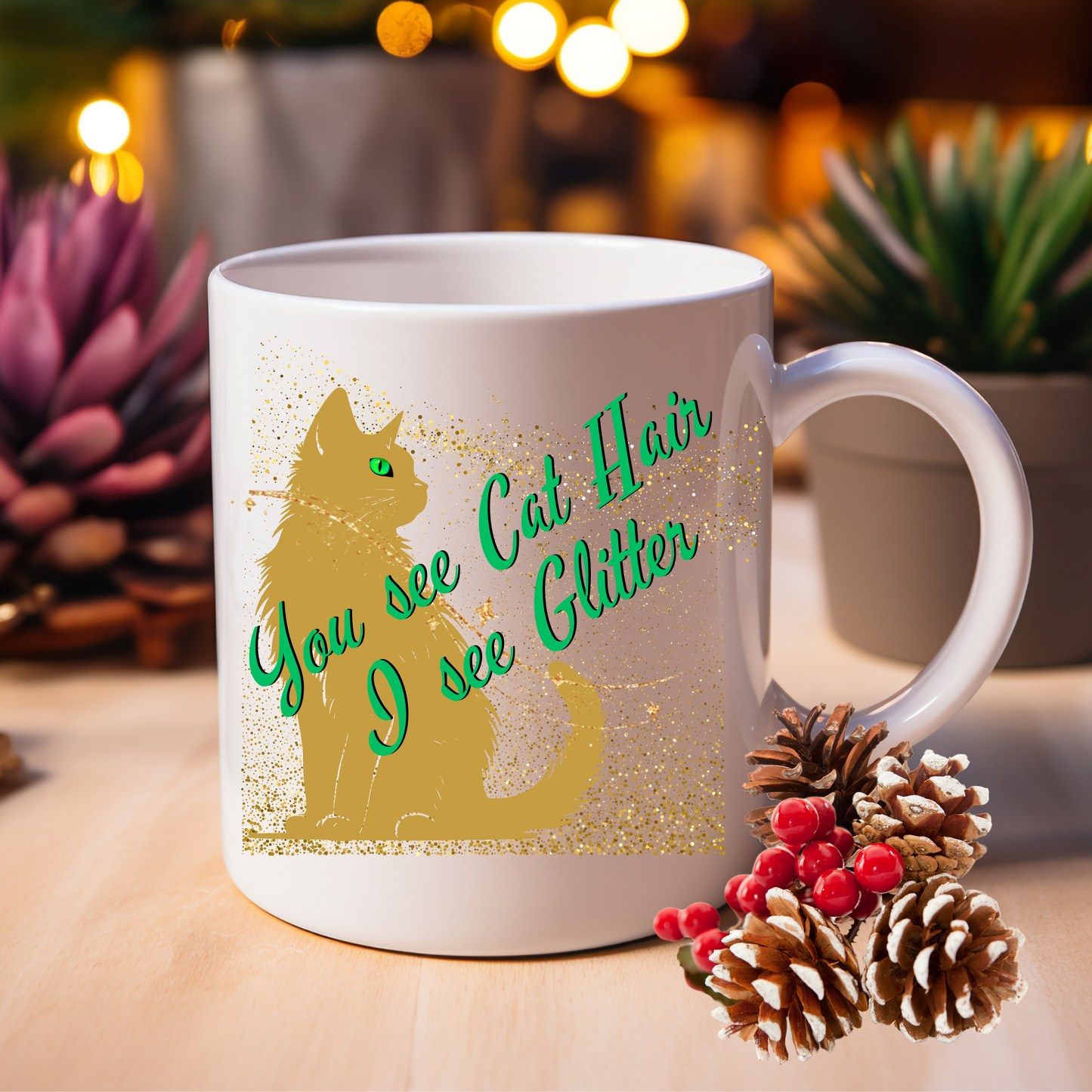 Golden Sparkles CatLover Mug with Fun "You See Cat Hair I See Glitter" Slogan, Great Cat Lover Cat Lady Gift, White Ceramic, 15oz