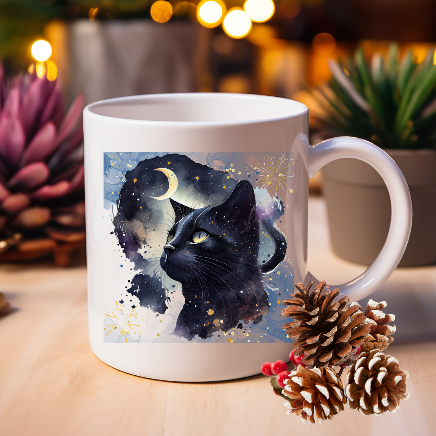 Cool Cat Mom Coffee Mug With Mystic Black Cat Graphic And A Touch Of Fairy Dust, Great Cat Lady Gift, White Ceramic, 15oz