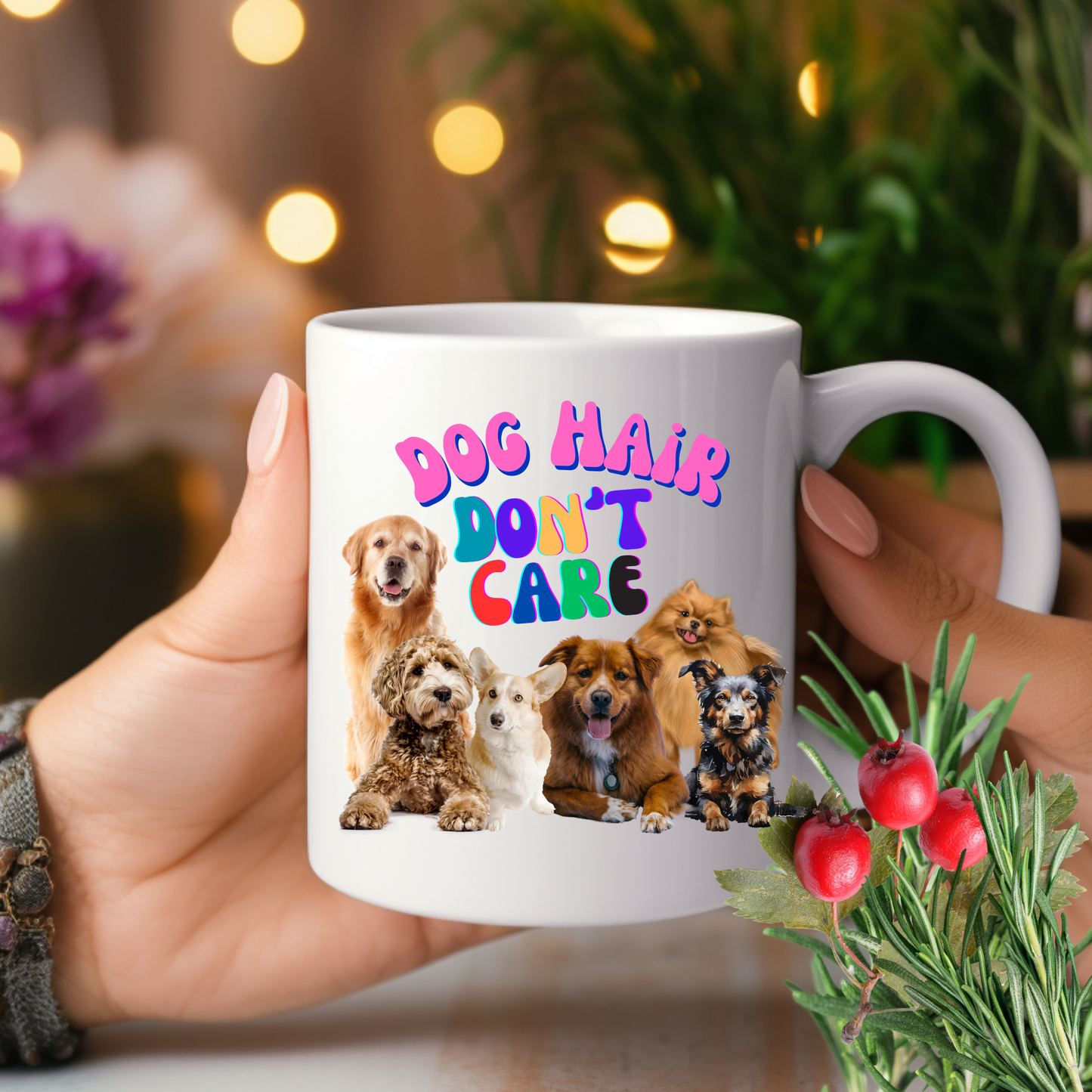 Cheerful "Dog Hair Don't Care" Dog Mom Mug With Puffy Retro Type And Cute Pack Of Pups, Dog Lover Stocking Stuffer Gift, White Ceramic, 15oz