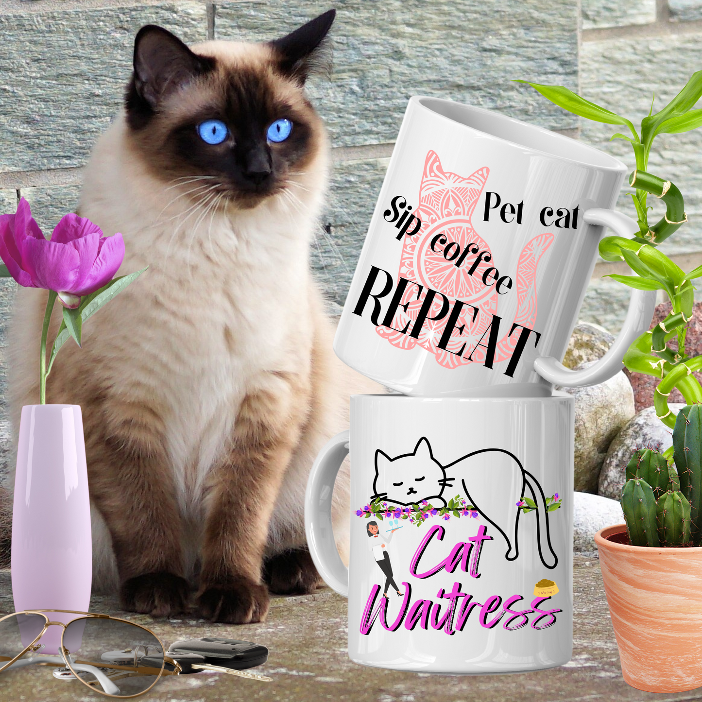 Feminine And Fun "Cat Waitress" CatMom Mug With Floral Design And Hot Pink Text, Great Christmas Or Birthday Cat Lover Gift, White Ceramic, 15oz