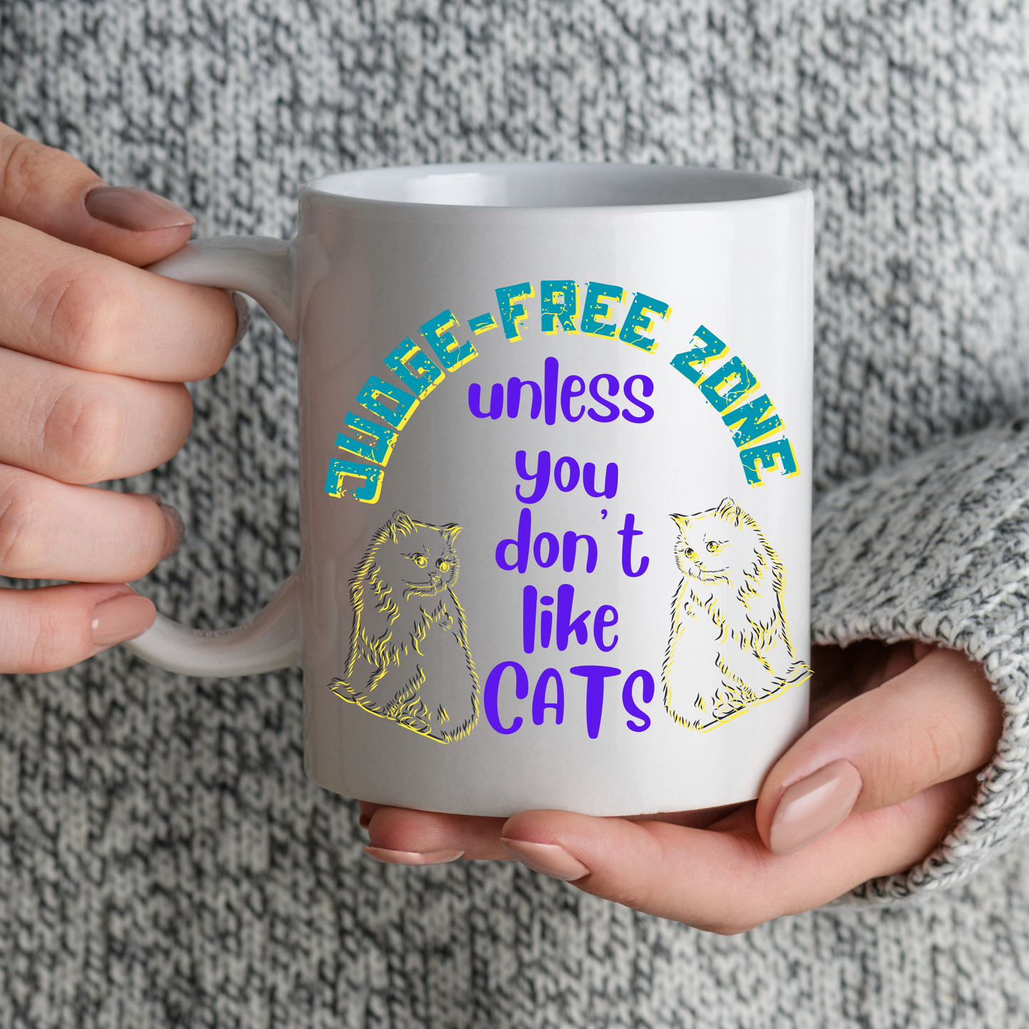 Cat Lover "Judge-Free Zone" Mug For Moms Who TRY Not To Judge Folks Who Aren't Feline Fanatics, Holiday Birthday CatLady Gift, White Ceramic, 15oz