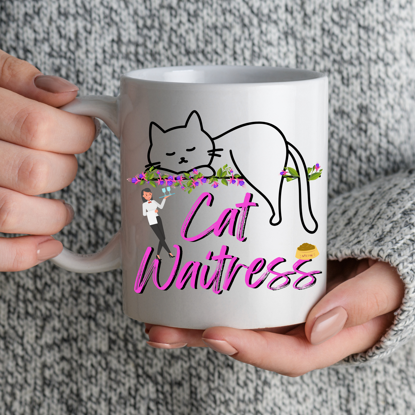 Feminine And Fun "Cat Waitress" CatMom Mug With Floral Design And Hot Pink Text, Great Christmas Or Birthday Cat Lover Gift, White Ceramic, 15oz