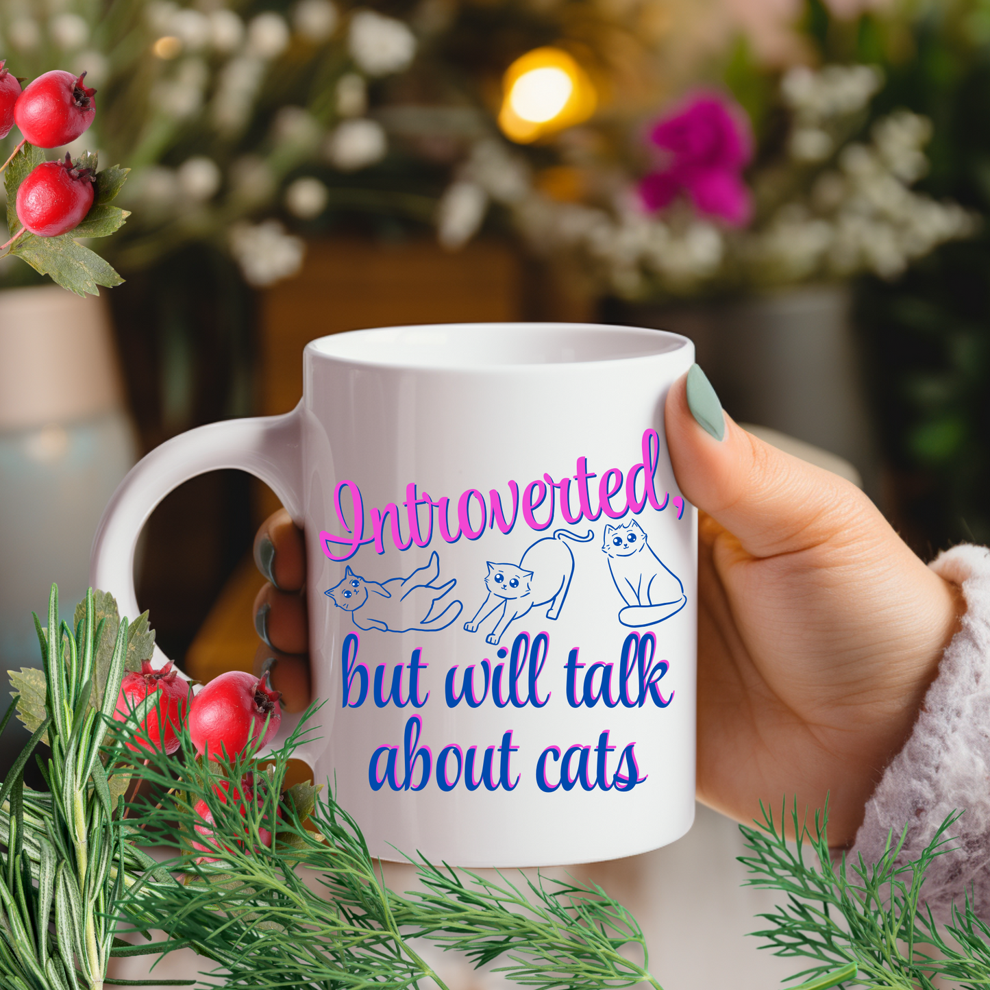 CatLover Mug With Fun "Introverted But Will Talk About Cats" Slogan, CatLady Pet Lover Gift, Ceramic, 15oz