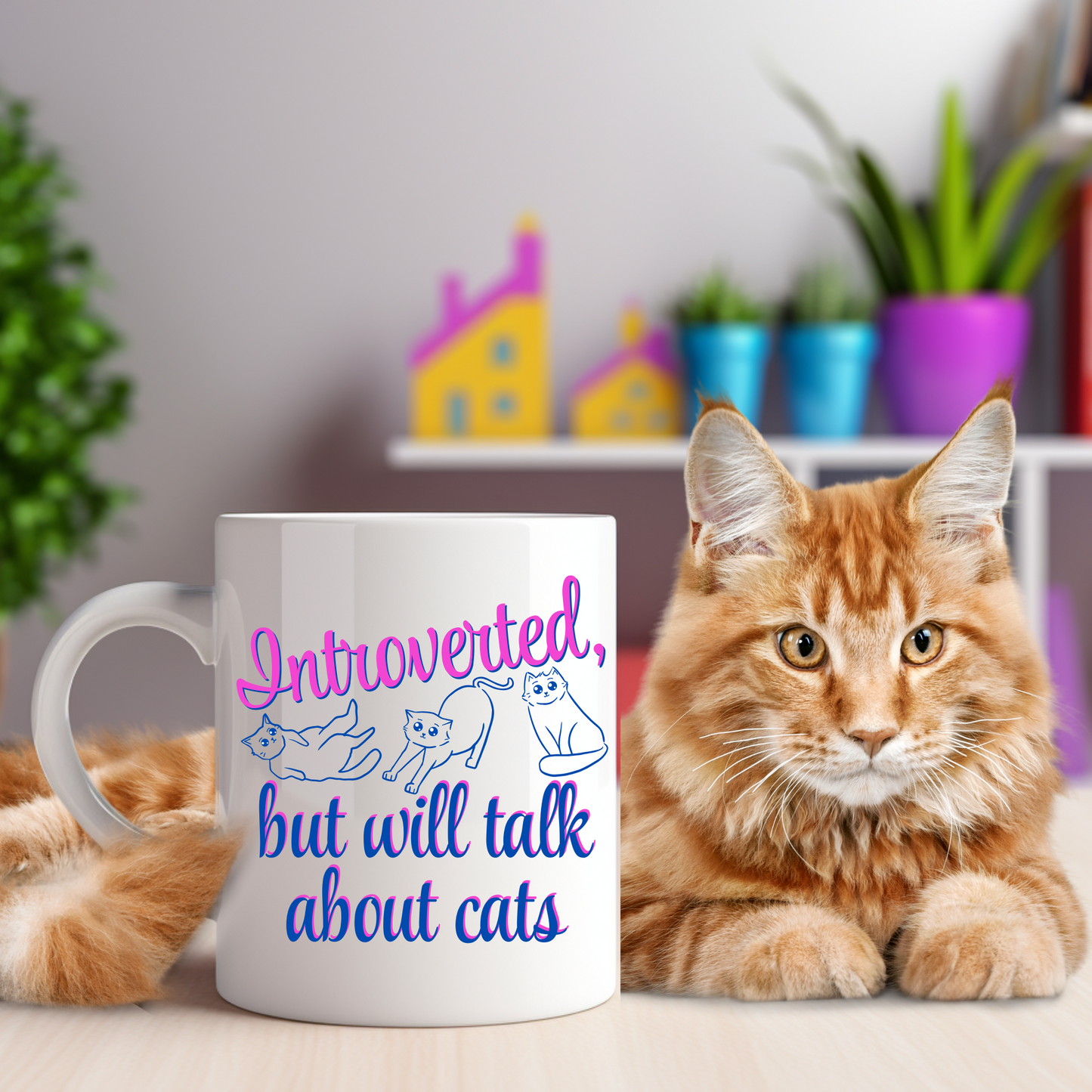 CatLover Mug With Fun "Introverted But Will Talk About Cats" Slogan, CatLady Pet Lover Gift, Ceramic, 15oz