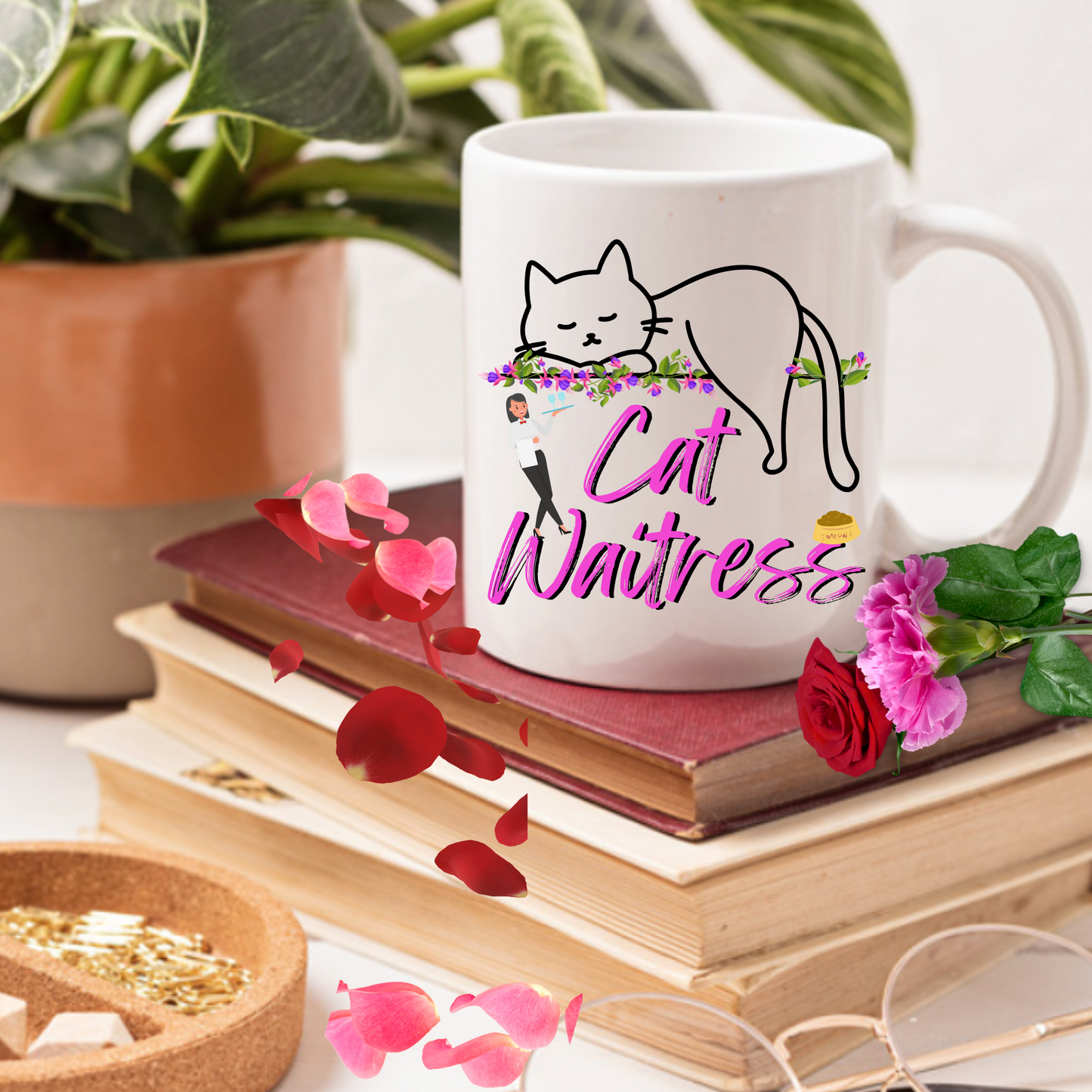 Feminine And Fun "Cat Waitress" CatMom Mug With Floral Design And Hot Pink Text, Great Christmas Or Birthday Cat Lover Gift, White Ceramic, 15oz