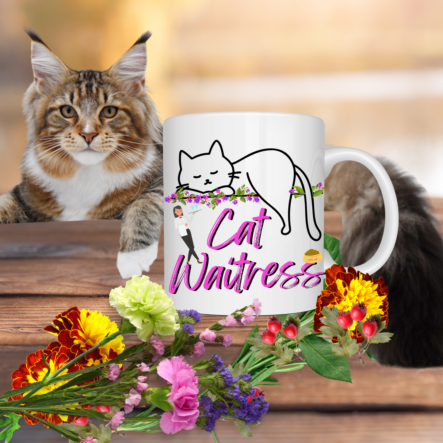 Feminine And Fun "Cat Waitress" CatMom Mug With Floral Design And Hot Pink Text, Great Christmas Or Birthday Cat Lover Gift, White Ceramic, 15oz
