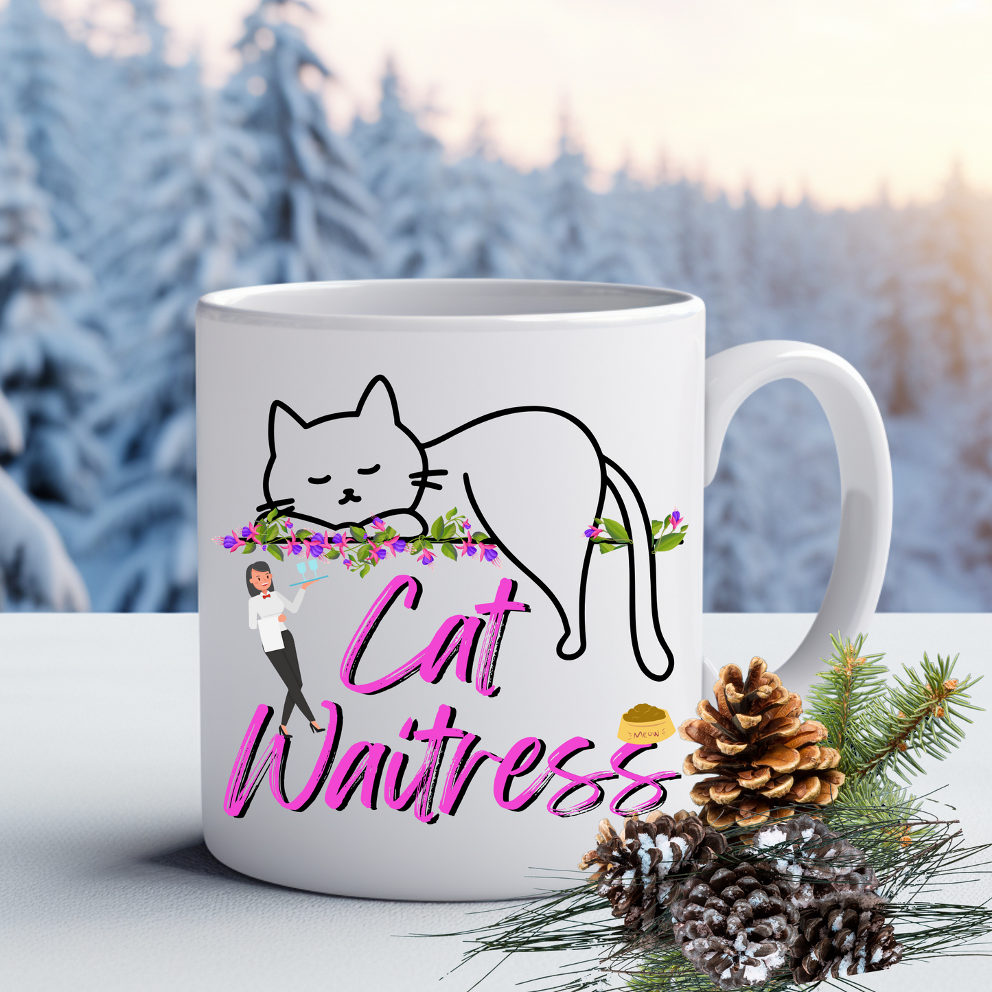 Feminine And Fun "Cat Waitress" CatMom Mug With Floral Design And Hot Pink Text, Great Christmas Or Birthday Cat Lover Gift, White Ceramic, 15oz