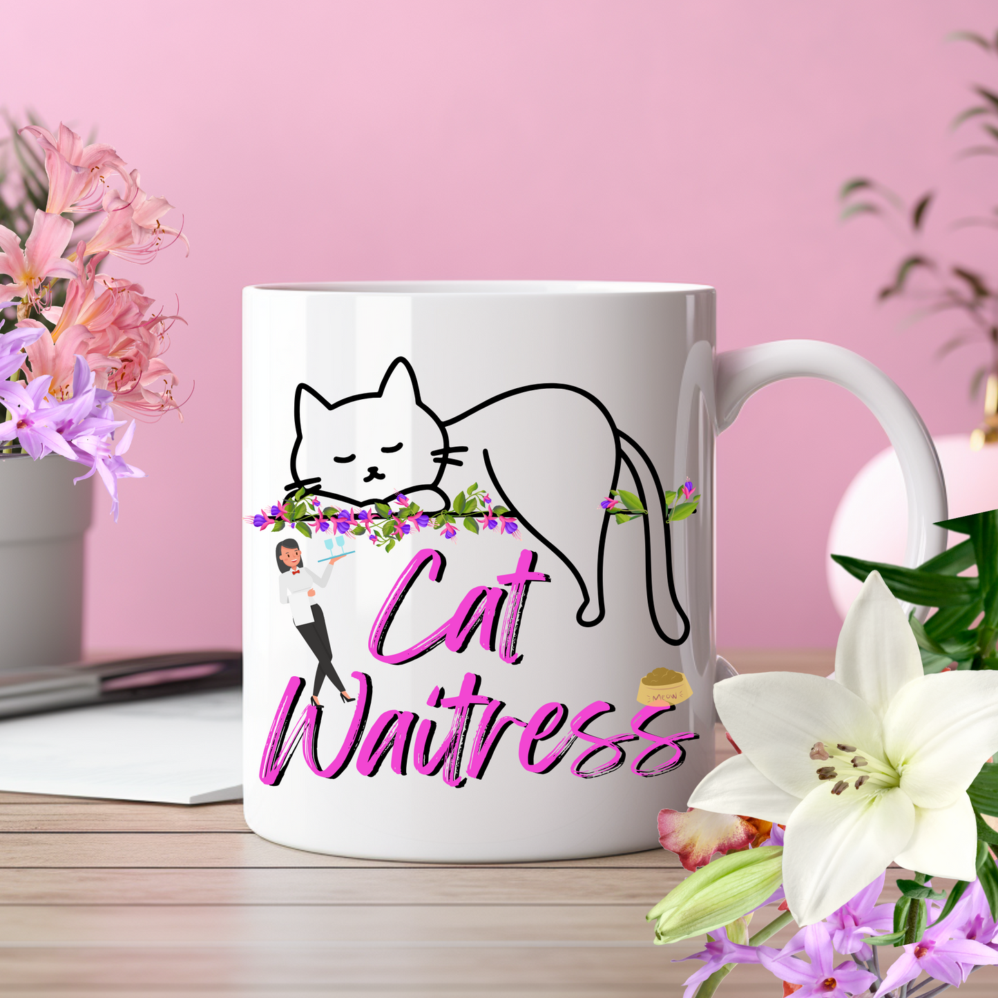 Feminine And Fun "Cat Waitress" CatMom Mug With Floral Design And Hot Pink Text, Great Christmas Or Birthday Cat Lover Gift, White Ceramic, 15oz