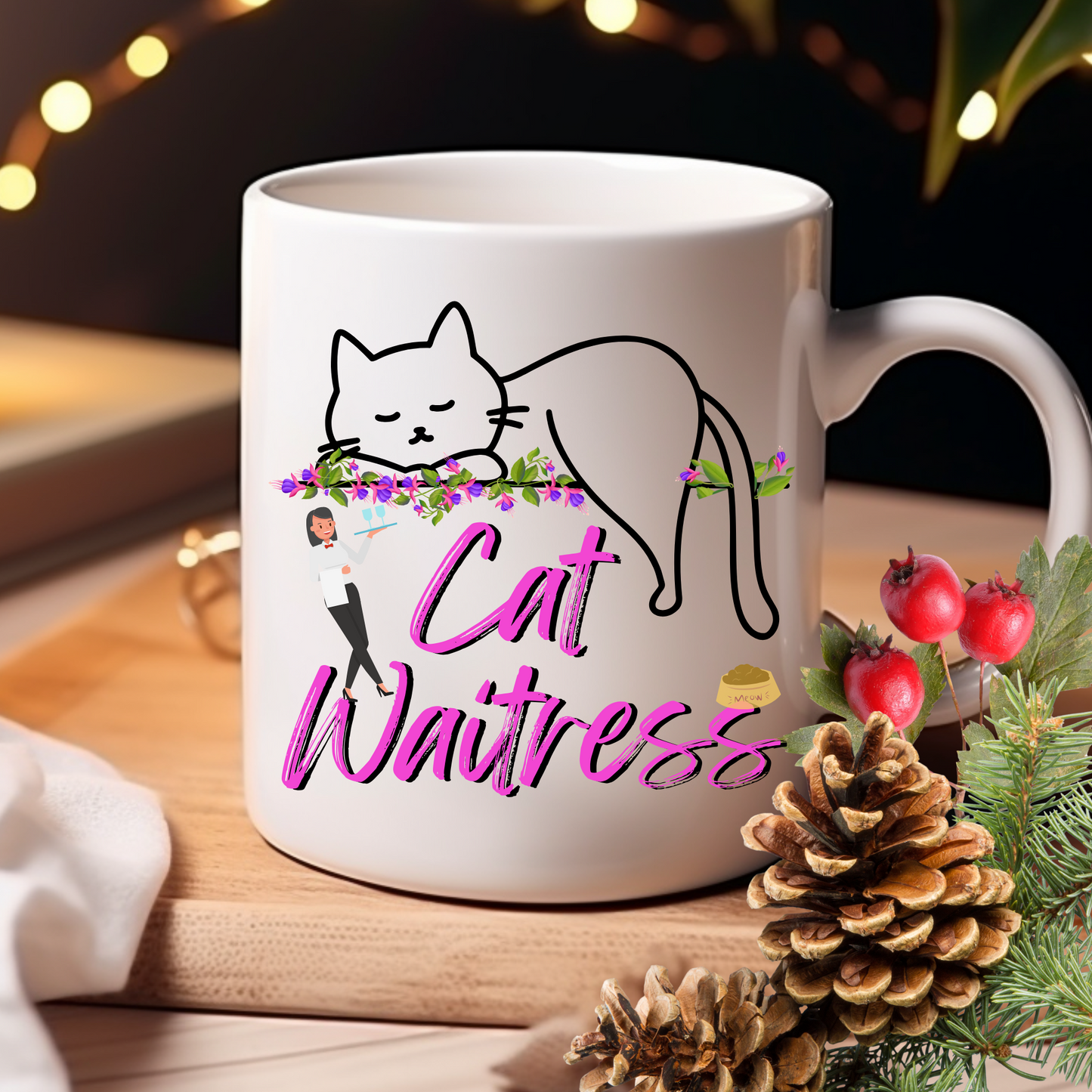 Feminine And Fun "Cat Waitress" CatMom Mug With Floral Design And Hot Pink Text, Great Christmas Or Birthday Cat Lover Gift, White Ceramic, 15oz