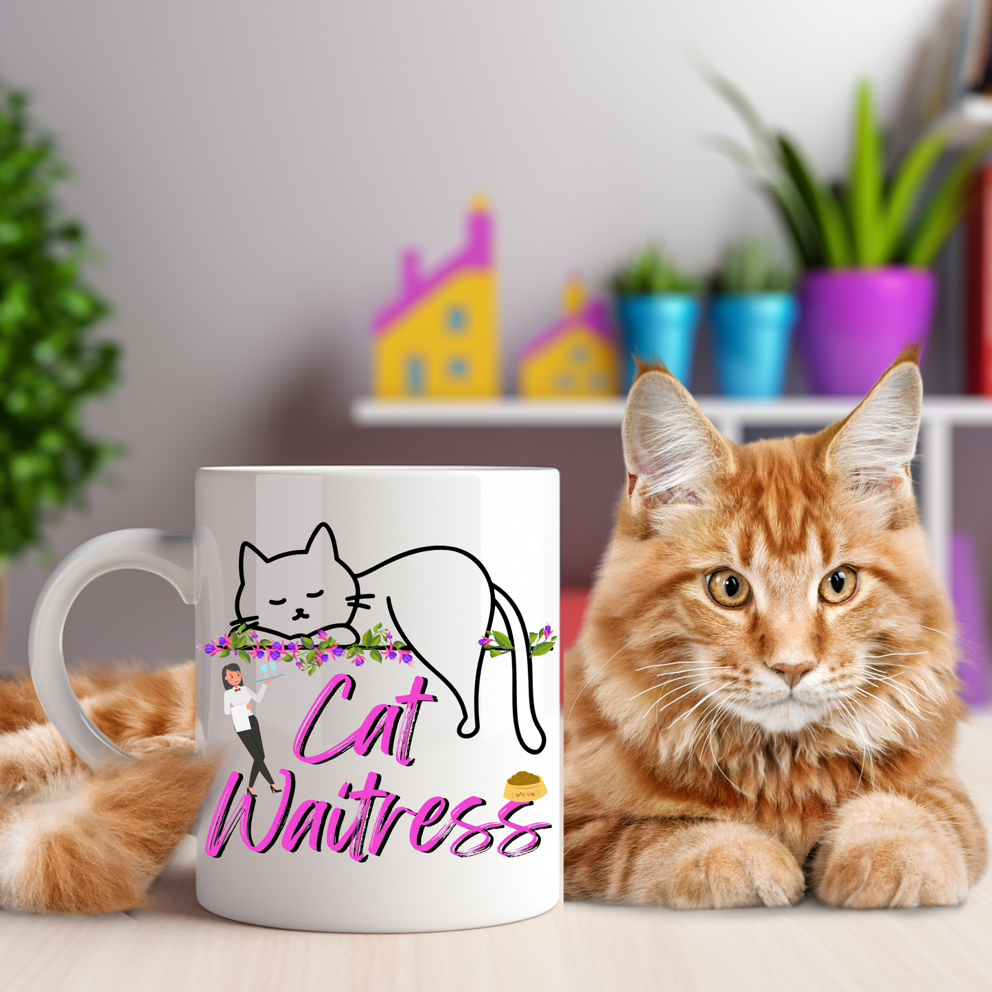 Feminine And Fun "Cat Waitress" CatMom Mug With Floral Design And Hot Pink Text, Great Christmas Or Birthday Cat Lover Gift, White Ceramic, 15oz