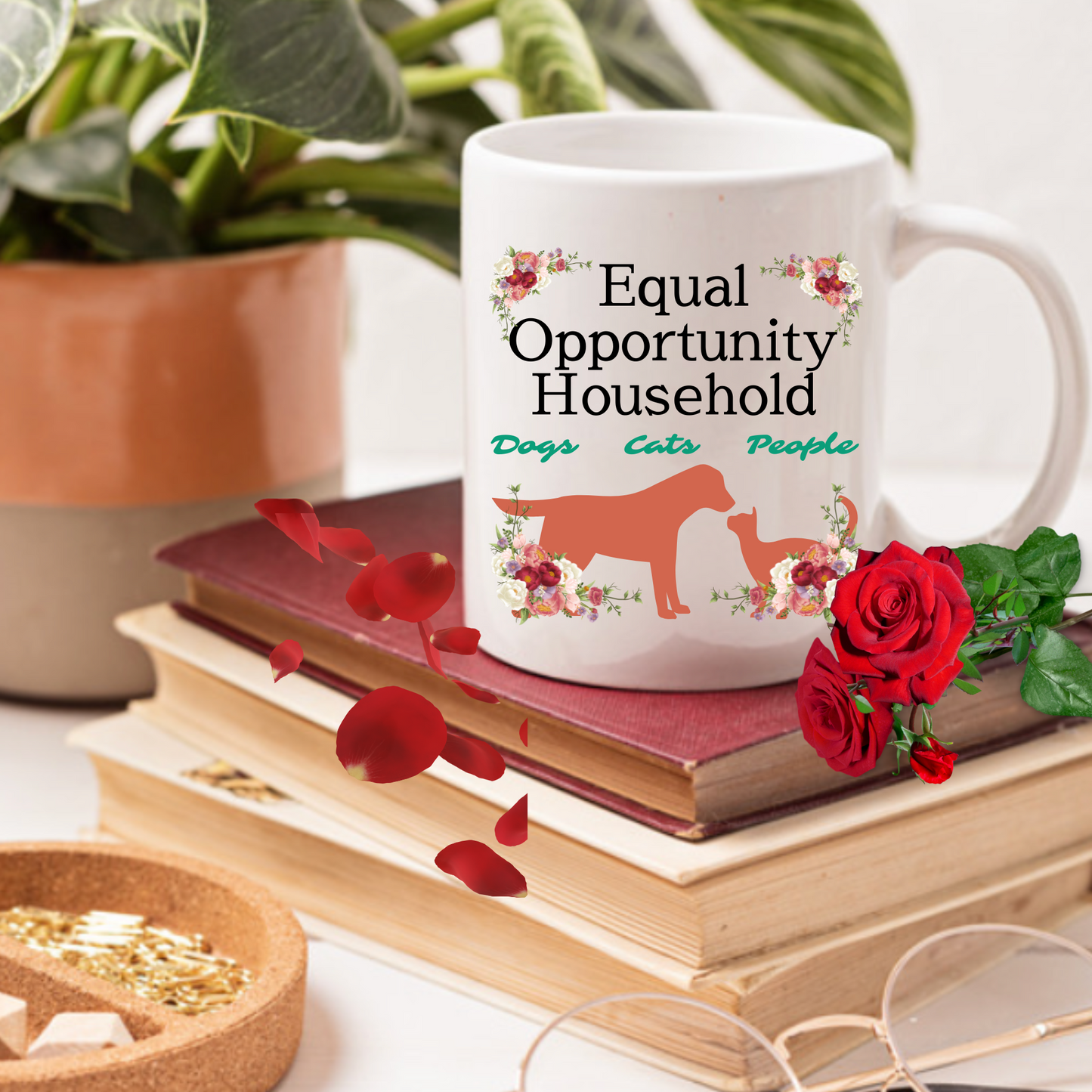 Sedate "Equal Opportunity Household" DogMom CatLady Mug Celebrates Interspecies Living, Fun Pet Lover Gift, White Ceramic, 15oz