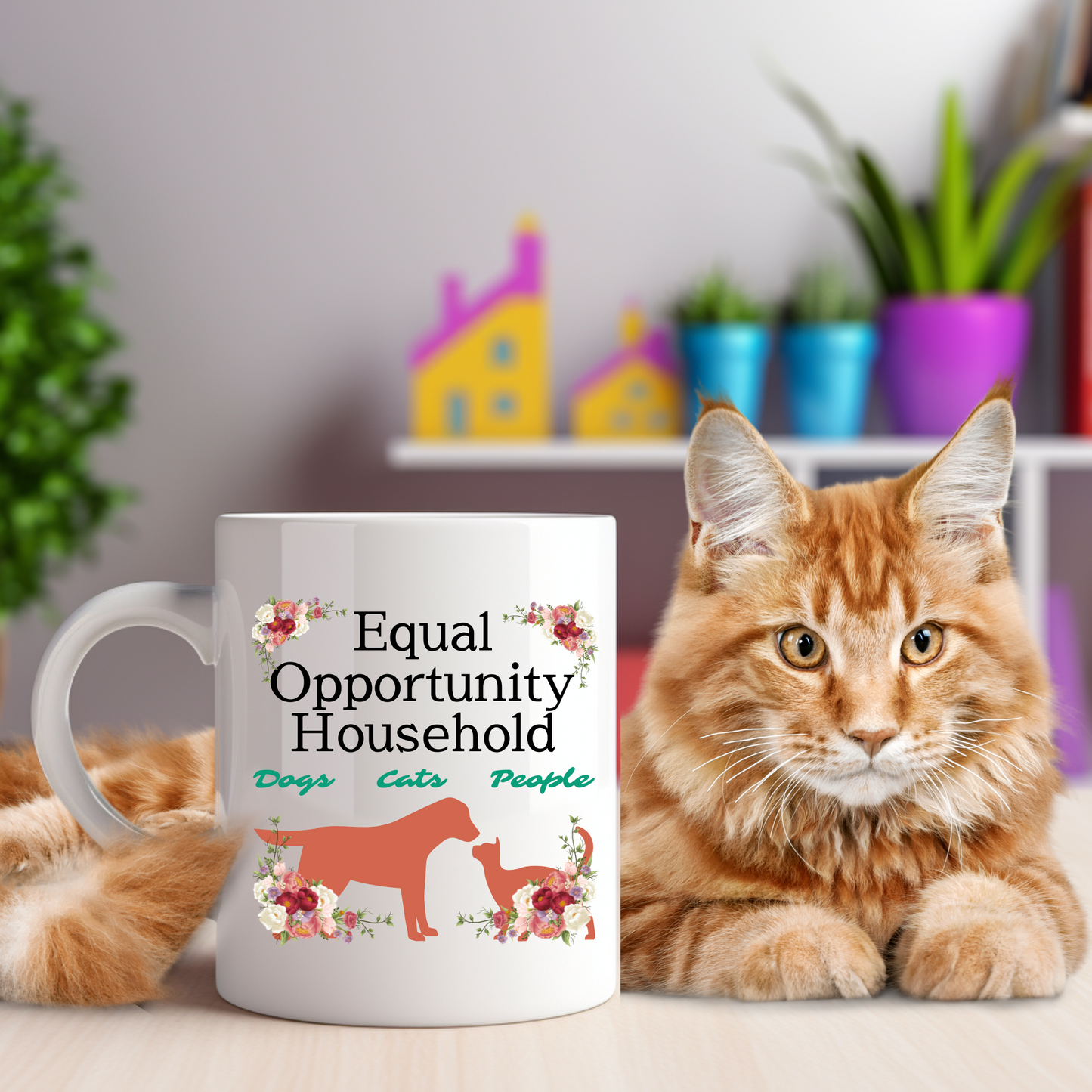 Sedate "Equal Opportunity Household" DogMom CatLady Mug Celebrates Interspecies Living, Fun Pet Lover Gift, White Ceramic, 15oz