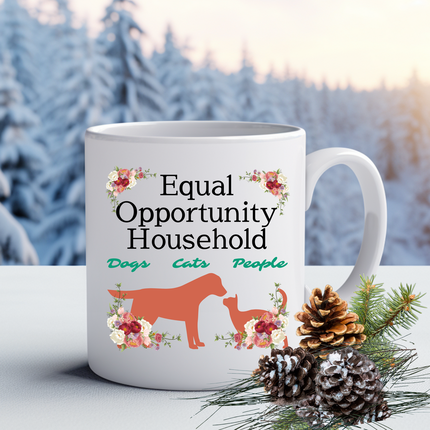 Sedate "Equal Opportunity Household" DogMom CatLady Mug Celebrates Interspecies Living, Fun Pet Lover Gift, White Ceramic, 15oz