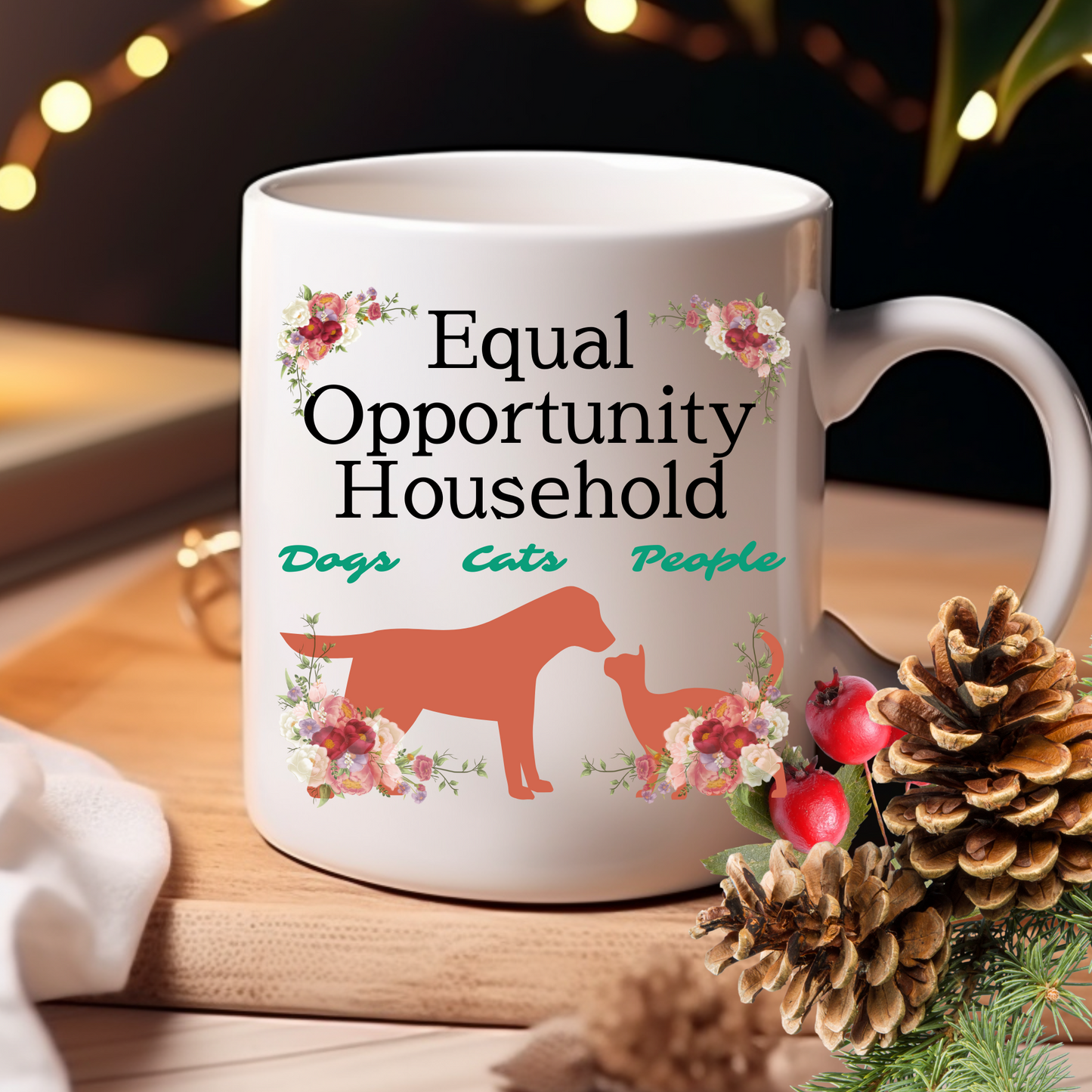 Sedate "Equal Opportunity Household" DogMom CatLady Mug Celebrates Interspecies Living, Fun Pet Lover Gift, White Ceramic, 15oz