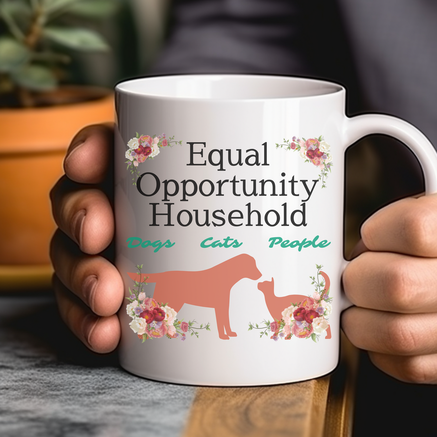 Sedate "Equal Opportunity Household" DogMom CatLady Mug Celebrates Interspecies Living, Fun Pet Lover Gift, White Ceramic, 15oz