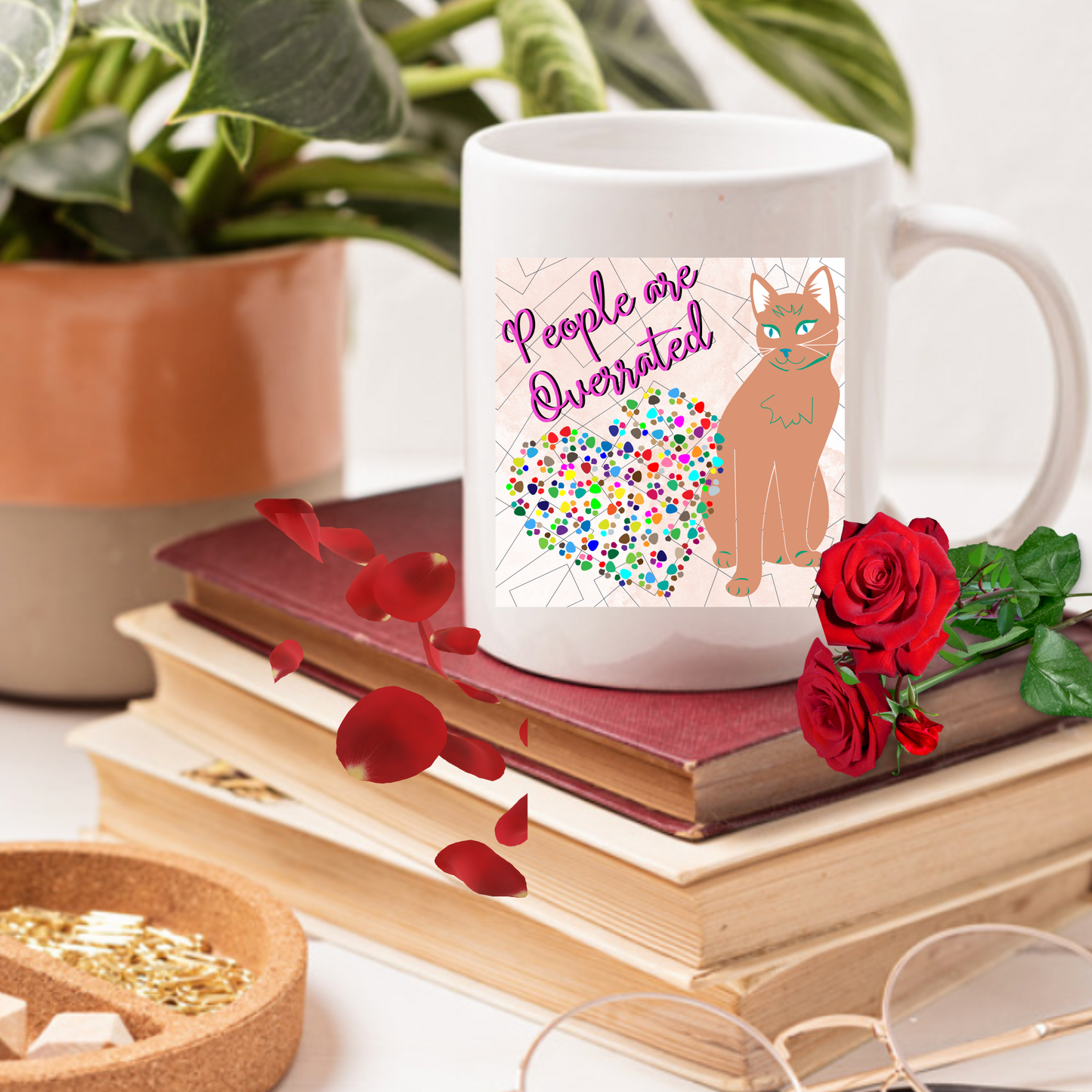 Fun And Slightly-Antisocial Cat Mom Mug States The Obvious With Its "People Are Overrated" Design, Great Cat Lady Gift, White Ceramic, 15oz