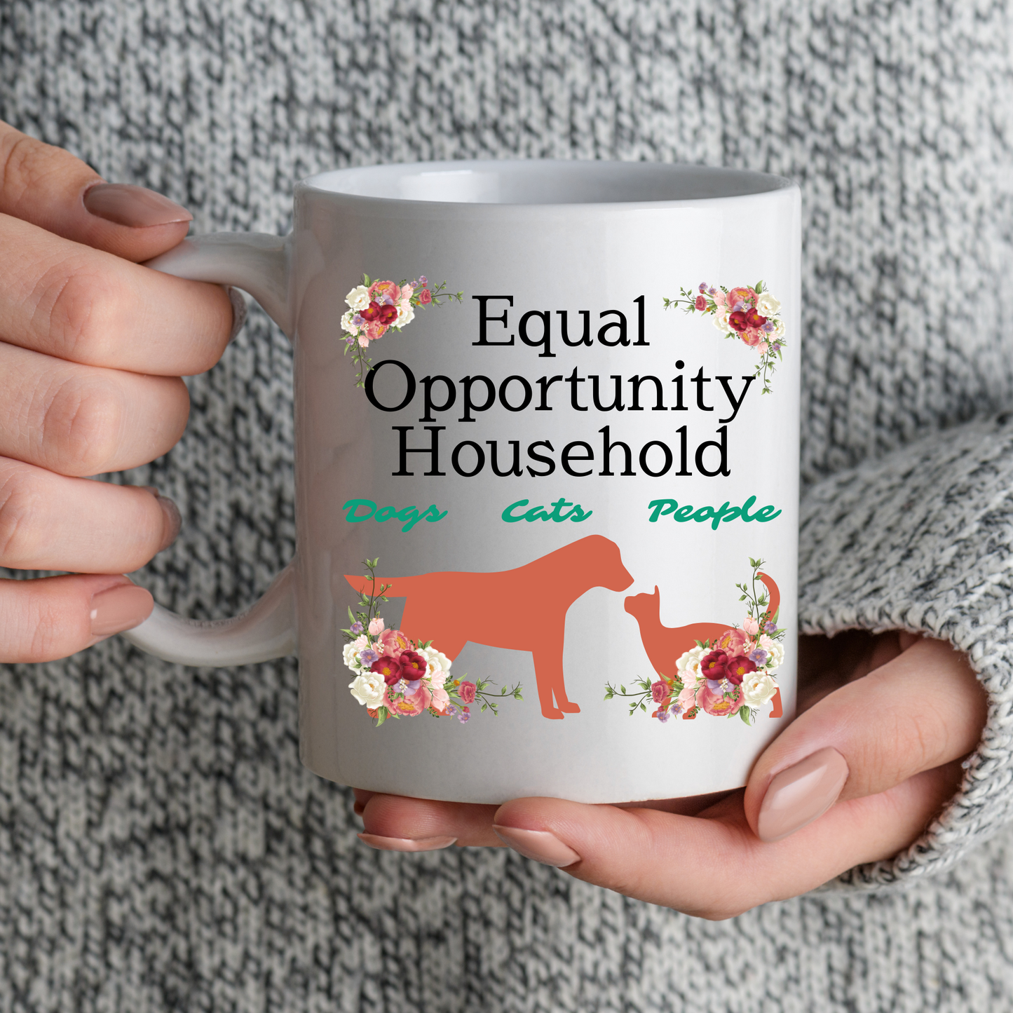Sedate "Equal Opportunity Household" DogMom CatLady Mug Celebrates Interspecies Living, Fun Pet Lover Gift, White Ceramic, 15oz