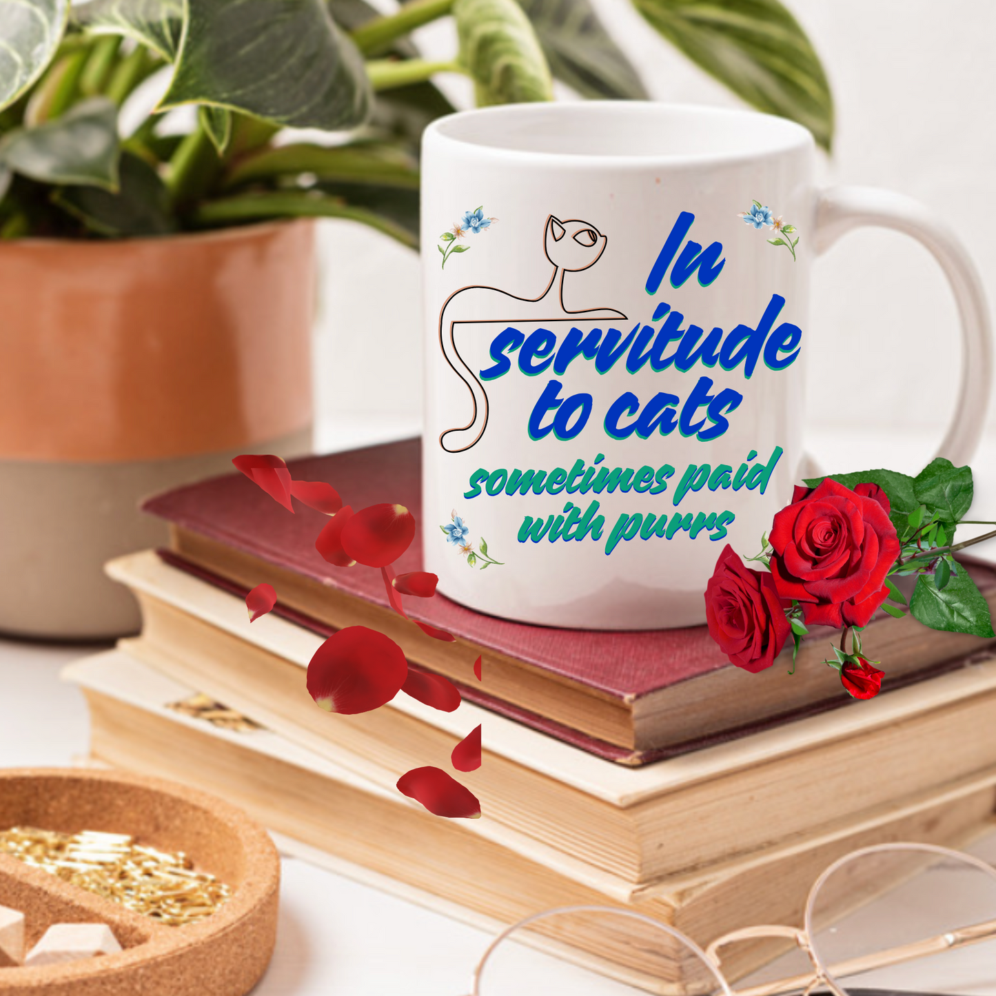 Cat-Centric "In Servitude To Cats" Coffee Mug With Bold Blue And Green Text And Cute Cat Graphic, Cat Lover Gift Stocking Stuffer,, White Ceramic, 15oz