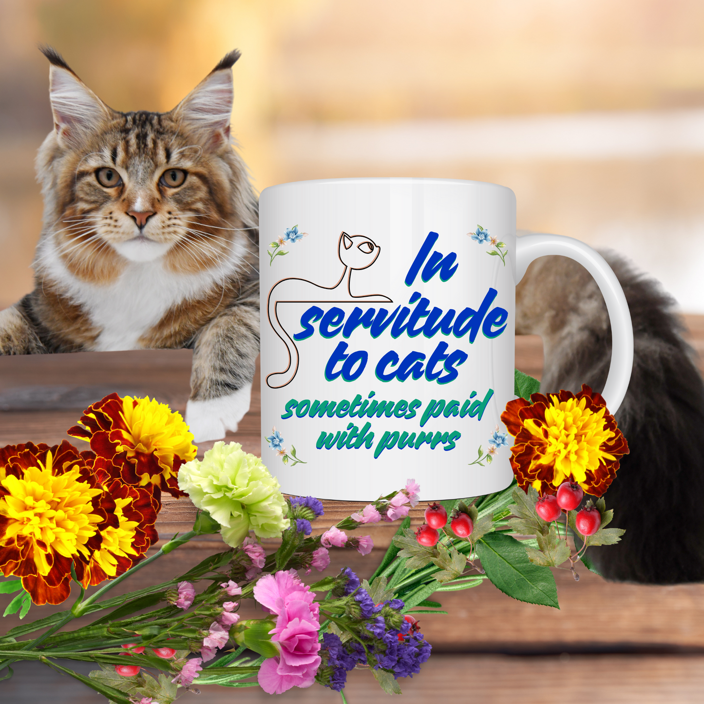 Cat-Centric "In Servitude To Cats" Coffee Mug With Bold Blue And Green Text And Cute Cat Graphic, Cat Lover Gift Stocking Stuffer,, White Ceramic, 15oz