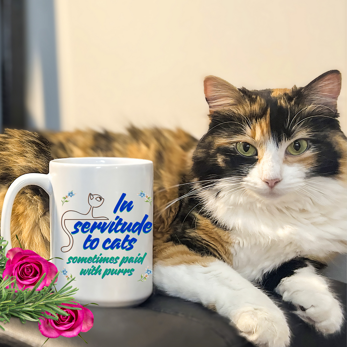 Cat-Centric "In Servitude To Cats" Coffee Mug With Bold Blue And Green Text And Cute Cat Graphic, Cat Lover Gift Stocking Stuffer,, White Ceramic, 15oz
