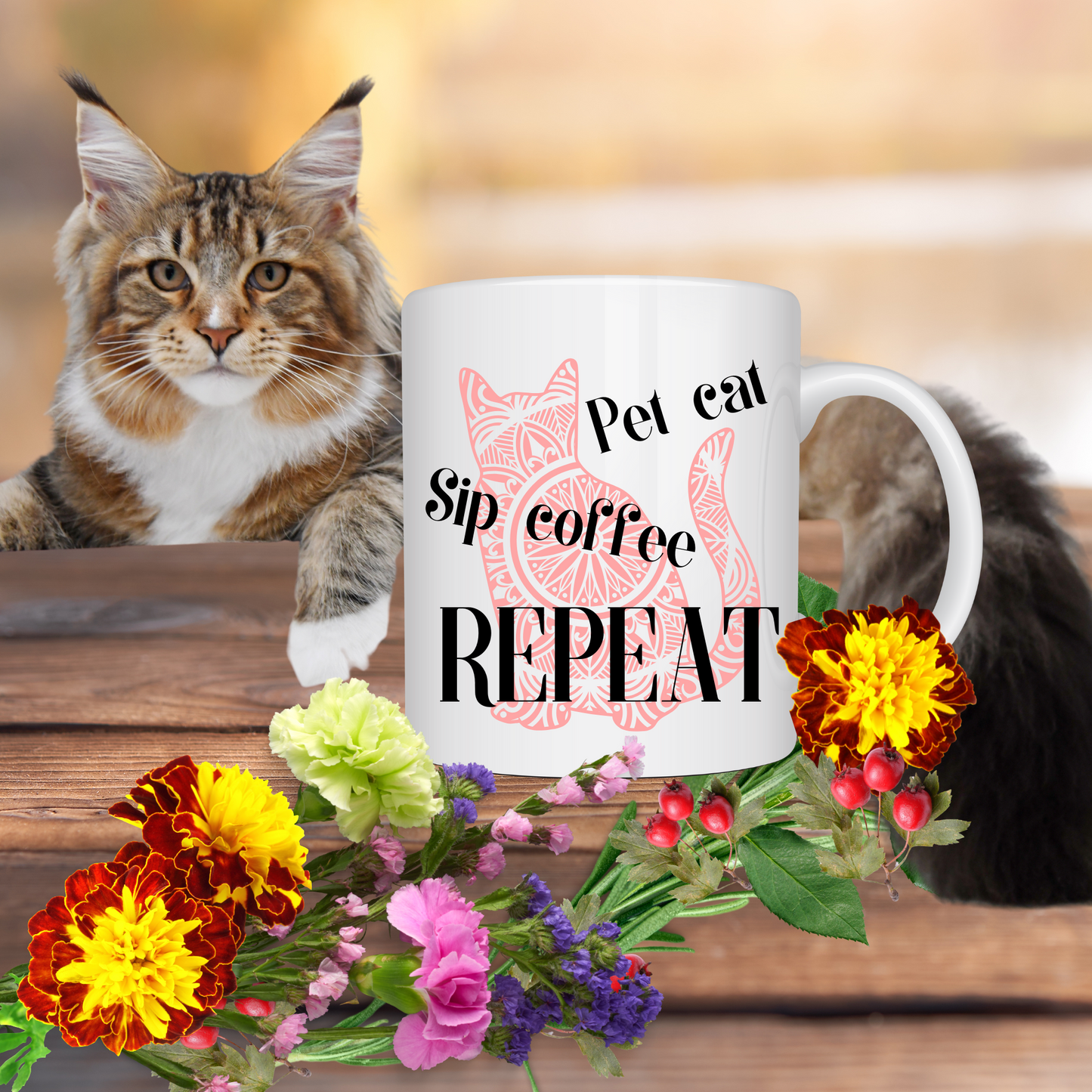 Truthful "Pet Cat Sip Coffee REPEAT" CatLady Mug With Soft Pink Cat Graphic, Great Gift For Cat Lover Mom, White Ceramic, 15oz