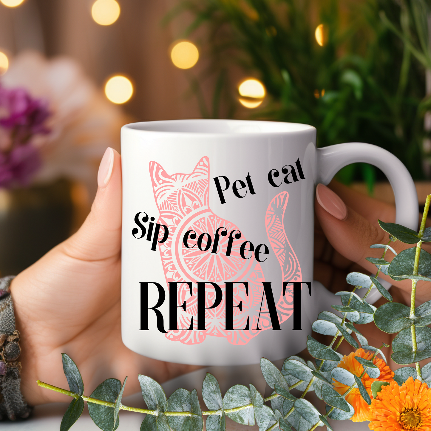 Truthful "Pet Cat Sip Coffee REPEAT" CatLady Mug With Soft Pink Cat Graphic, Great Gift For Cat Lover Mom, White Ceramic, 15oz