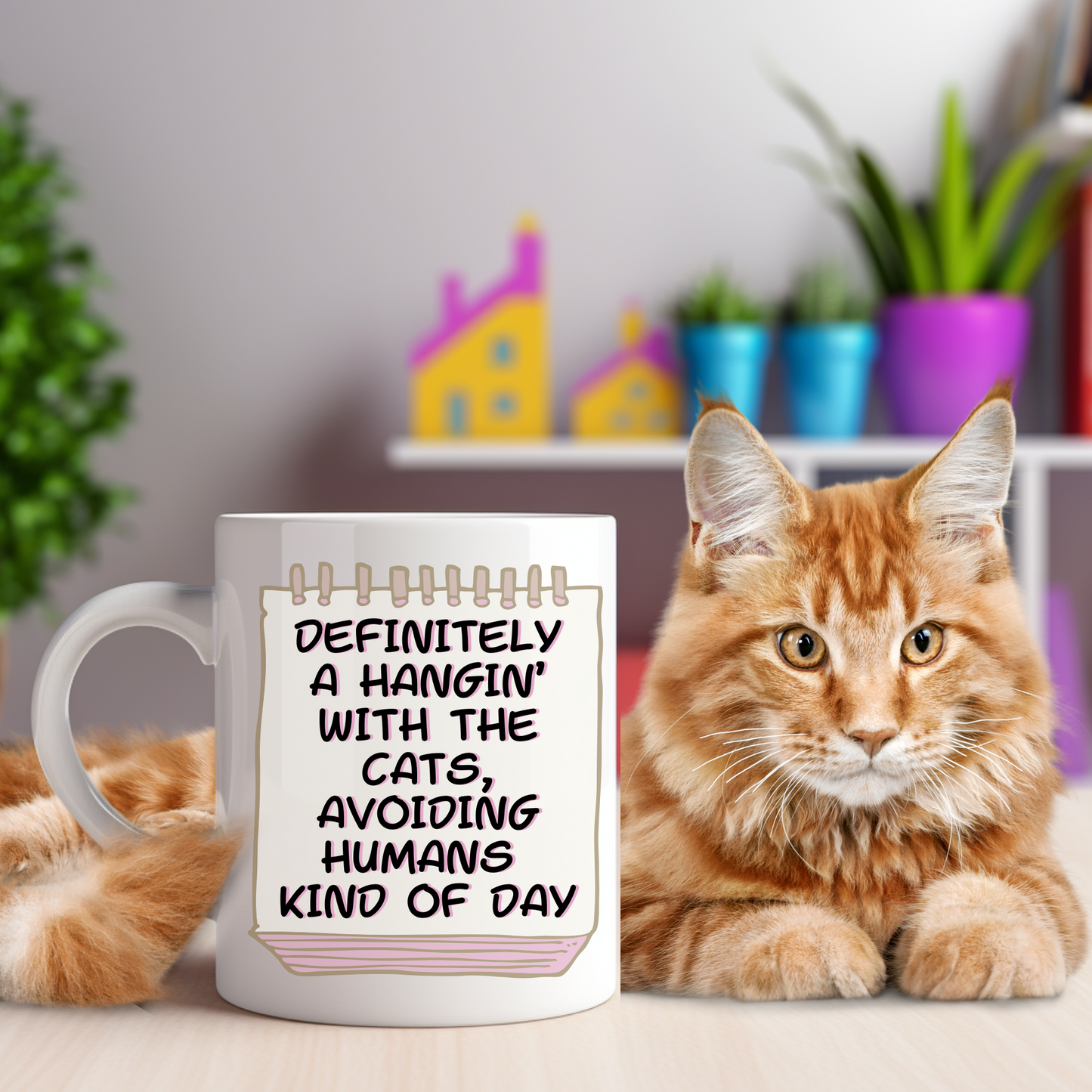 Calendar-Themed CatLady Mug With Honest "...Hanging With The Cats Avoiding Humans ..." Slogan, Great CatLady Gift, White Ceramic, 15oz