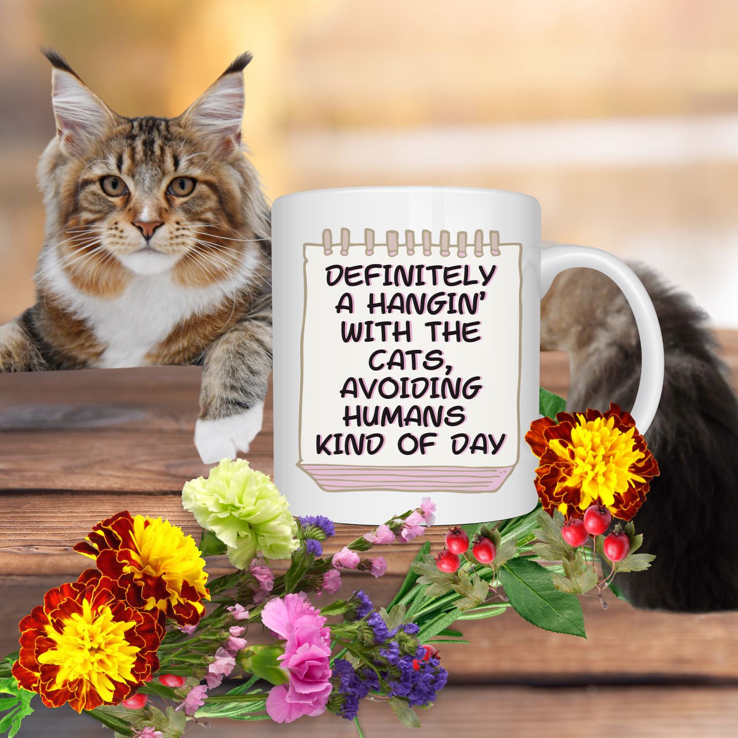 Calendar-Themed CatLady Mug With Honest "...Hanging With The Cats Avoiding Humans ..." Slogan, Great CatLady Gift, White Ceramic, 15oz